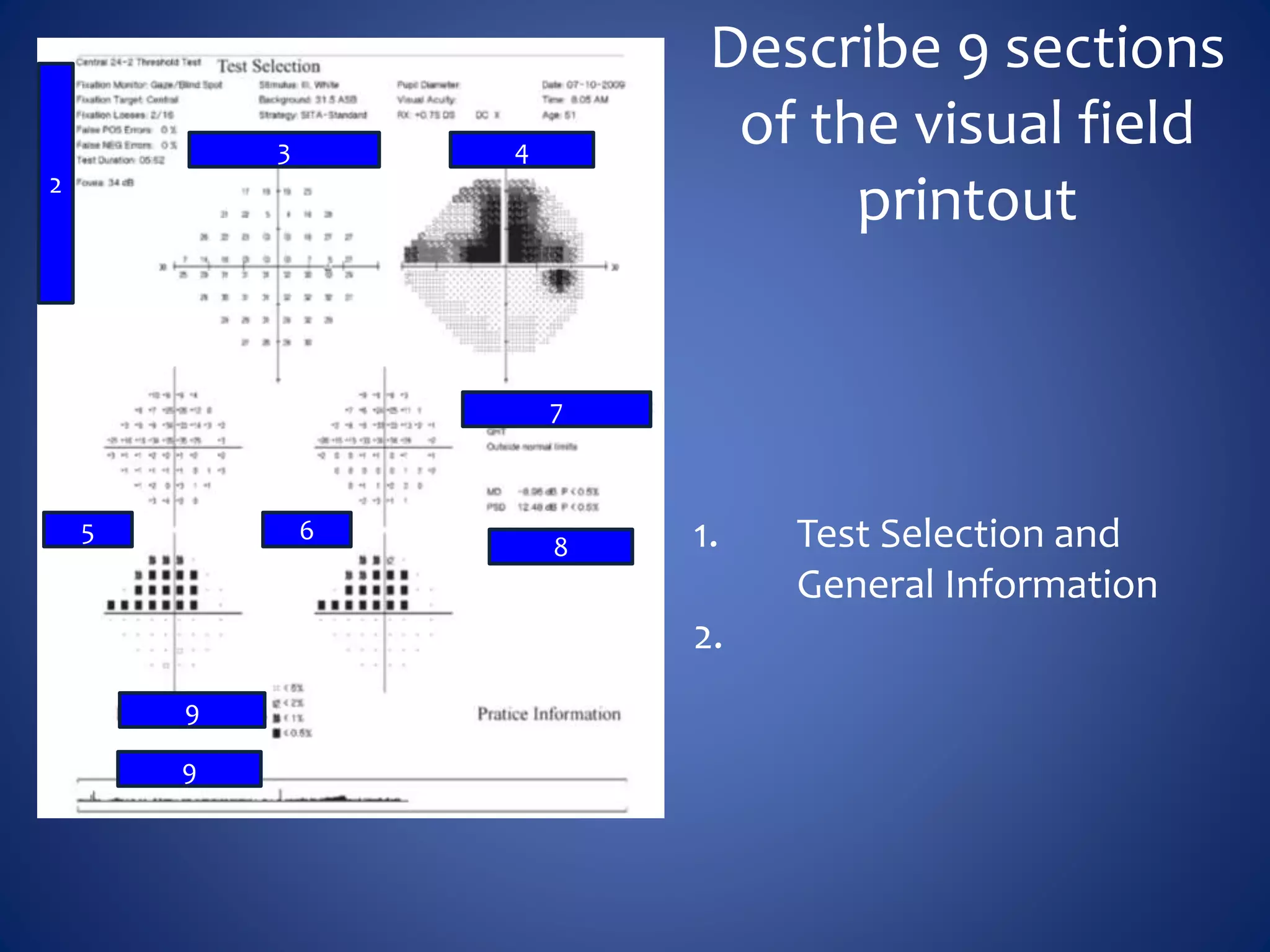 Describe 9 sections
of the visual field
printout
1. Test Selection and
General Information
2.
5
43
2
6
8
7
9
9
 