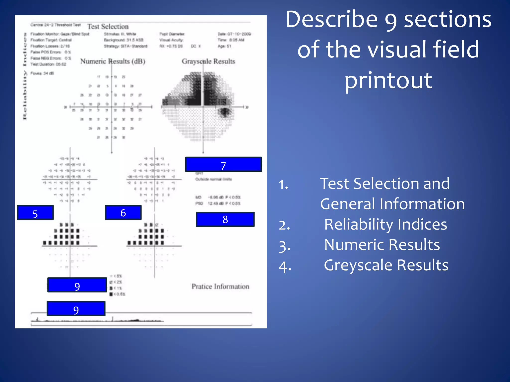 Describe 9 sections
of the visual field
printout
1. Test Selection and
General Information
2. Reliability Indices
3. Numeric Results
4. Greyscale Results
5 6
8
7
9
9
 
