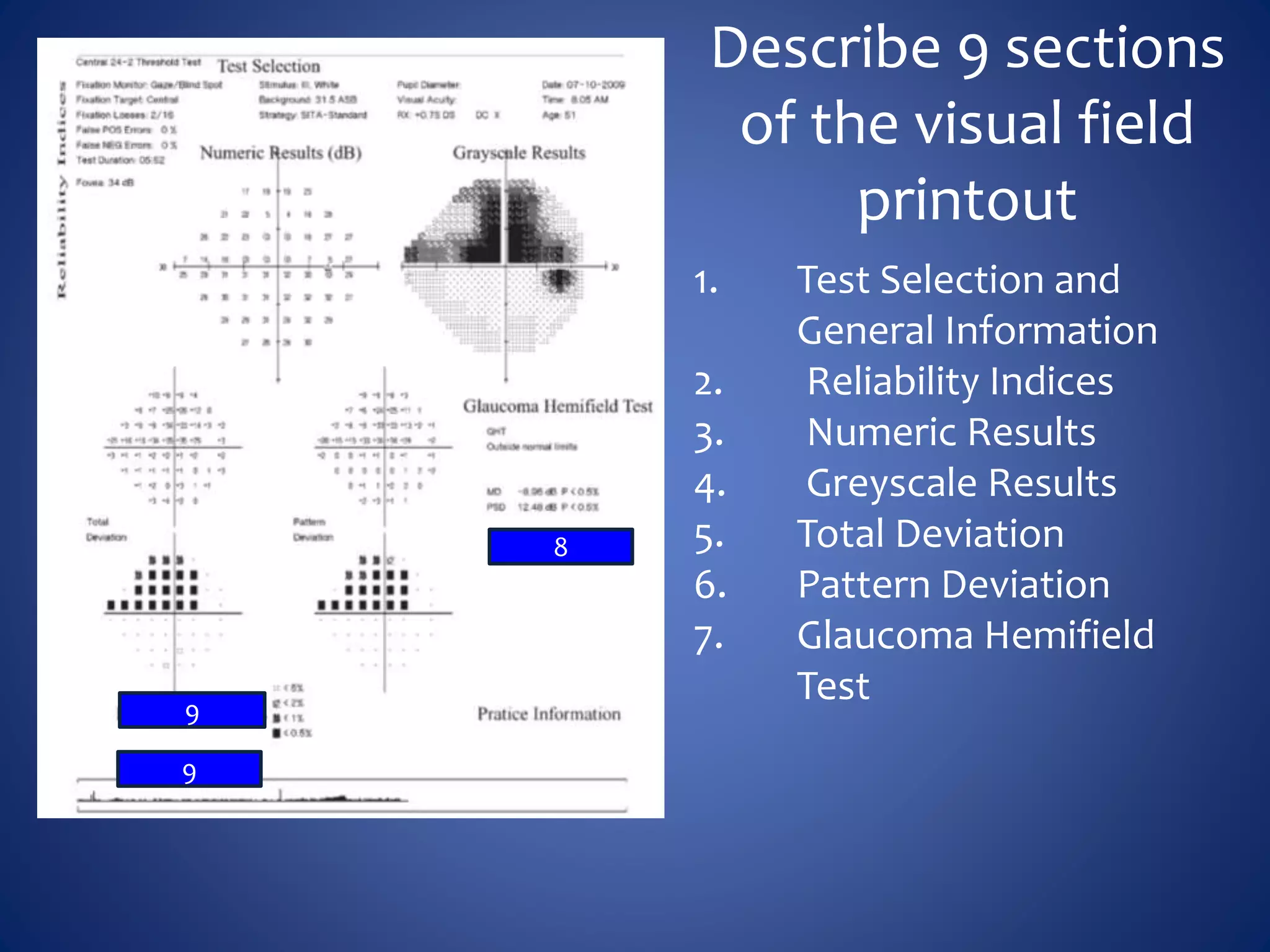Describe 9 sections
of the visual field
printout
1. Test Selection and
General Information
2. Reliability Indices
3. Numeric Results
4. Greyscale Results
5. Total Deviation
6. Pattern Deviation
7. Glaucoma Hemifield
Test
8
9
9
 