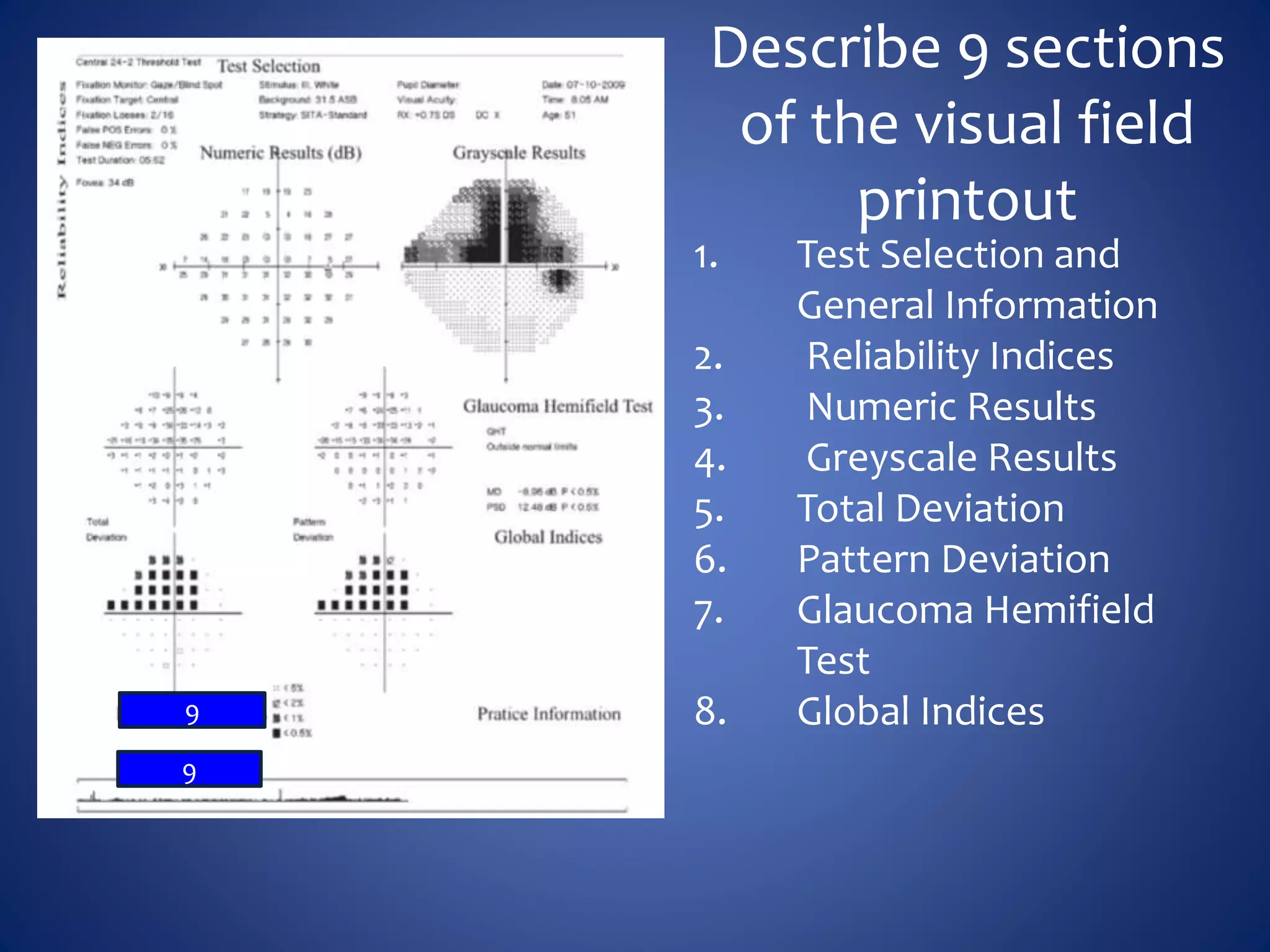 Describe 9 sections
of the visual field
printout
1. Test Selection and
General Information
2. Reliability Indices
3. Numeric Results
4. Greyscale Results
5. Total Deviation
6. Pattern Deviation
7. Glaucoma Hemifield
Test
8. Global Indices
9
9
 