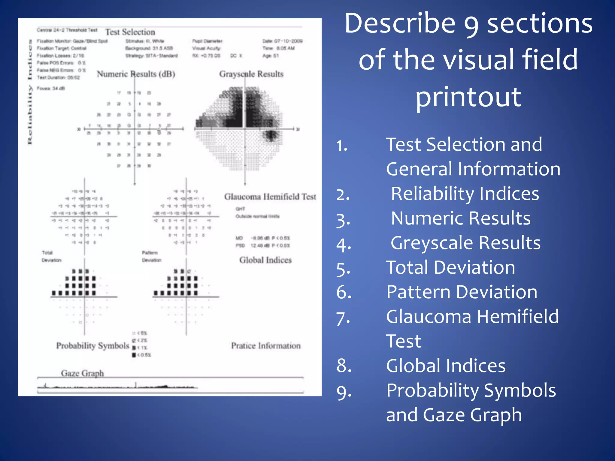 Describe 9 sections
of the visual field
printout
1. Test Selection and
General Information
2. Reliability Indices
3. Numeric Results
4. Greyscale Results
5. Total Deviation
6. Pattern Deviation
7. Glaucoma Hemifield
Test
8. Global Indices
9. Probability Symbols
and Gaze Graph
 