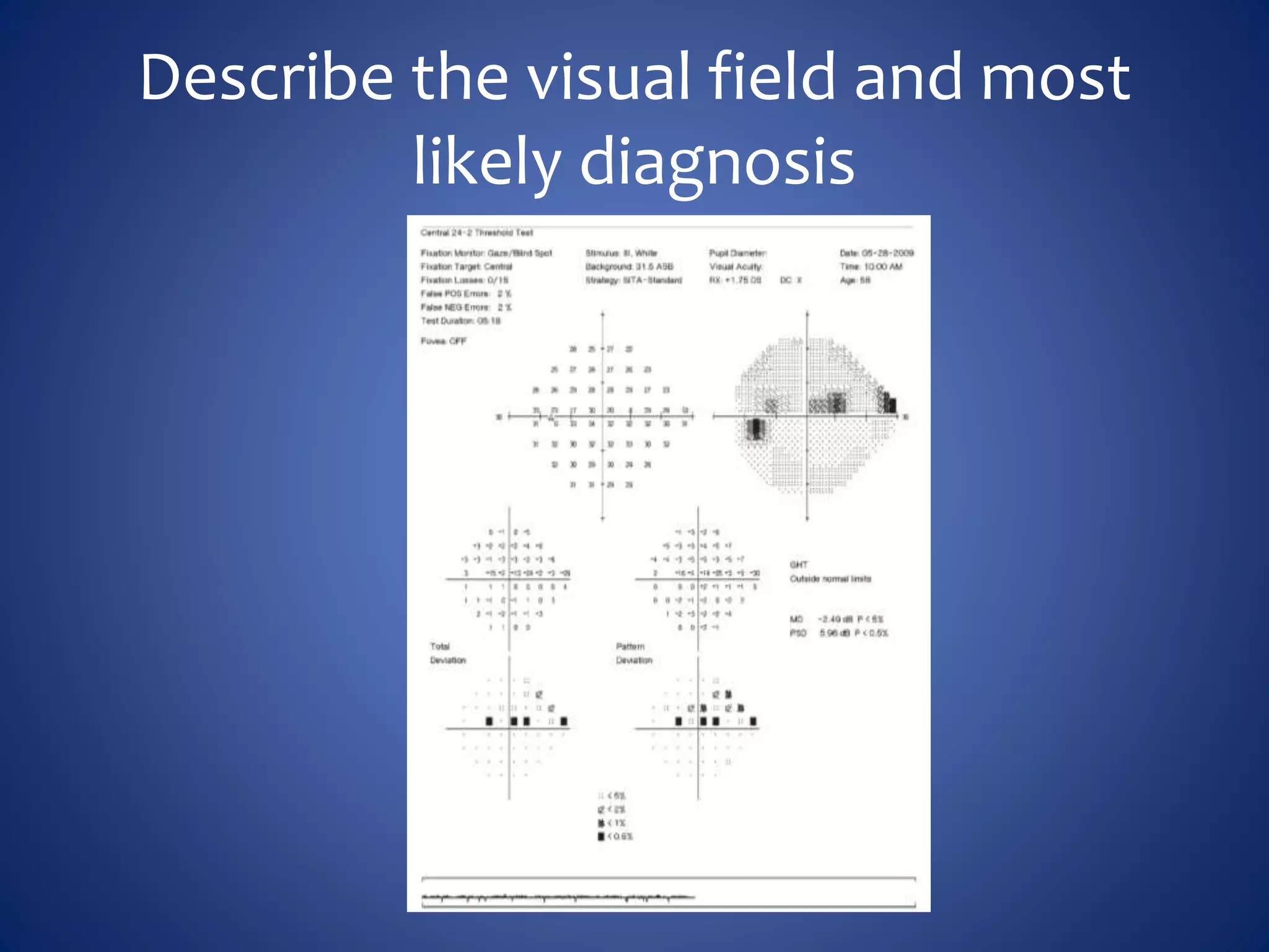 Describe the visual field and most
likely diagnosis
 