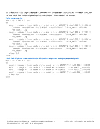 A Principled Technologies test report 31Accelerating virtualized Oracle 12c performance with vSphere 5.5
advanced features Flash Read Cache and vMotion
the cache names on the target host once the OLAP VM moved. We edited the scripts with the correct task names, ran
the reset script, then started the gathering scripts that provided cache data every five minutes.
Cache gathering script
for i in $(seq 1 1 300)
do
esxcli storage vflash cache stats get -c vfc-1457171792-OLAP-002_1-000003 >>
/vmfs/volumes/53136407-e8f3c456-b35c-0025b510002f/cache_results3/OLAP-
002_cache1.log
esxcli storage vflash cache stats get -c vfc-1457171792-OLAP-002_2-000003 >>
/vmfs/volumes/53136407-e8f3c456-b35c-0025b510002f/cache_results3/OLAP-
002_cache2.log
esxcli storage vflash cache stats get -c vfc-1457171792-OLAP-002_3-000003 >>
/vmfs/volumes/53136407-e8f3c456-b35c-0025b510002f/cache_results3/OLAP-
002_cache3.log
esxcli storage vflash cache stats get -c vfc-1457171792-OLAP-002_4-000003 >>
/vmfs/volumes/53136407-e8f3c456-b35c-0025b510002f/cache_results3/OLAP-
002_cache4.log
sleep 300
done
Cache reset script (the reset command does not generate any output, so logging was not required)
for i in $(seq 1 1 300)
do
esxcli storage vflash cache stats reset -c vfc-1457171792-OLAP-002_1-000003
esxcli storage vflash cache stats reset -c vfc-1457171792-OLAP-002_2-000003
esxcli storage vflash cache stats reset -c vfc-1457171792-OLAP-002_3-000003
esxcli storage vflash cache stats reset -c vfc-1457171792-OLAP-002_4-000003
sleep 300
done
 