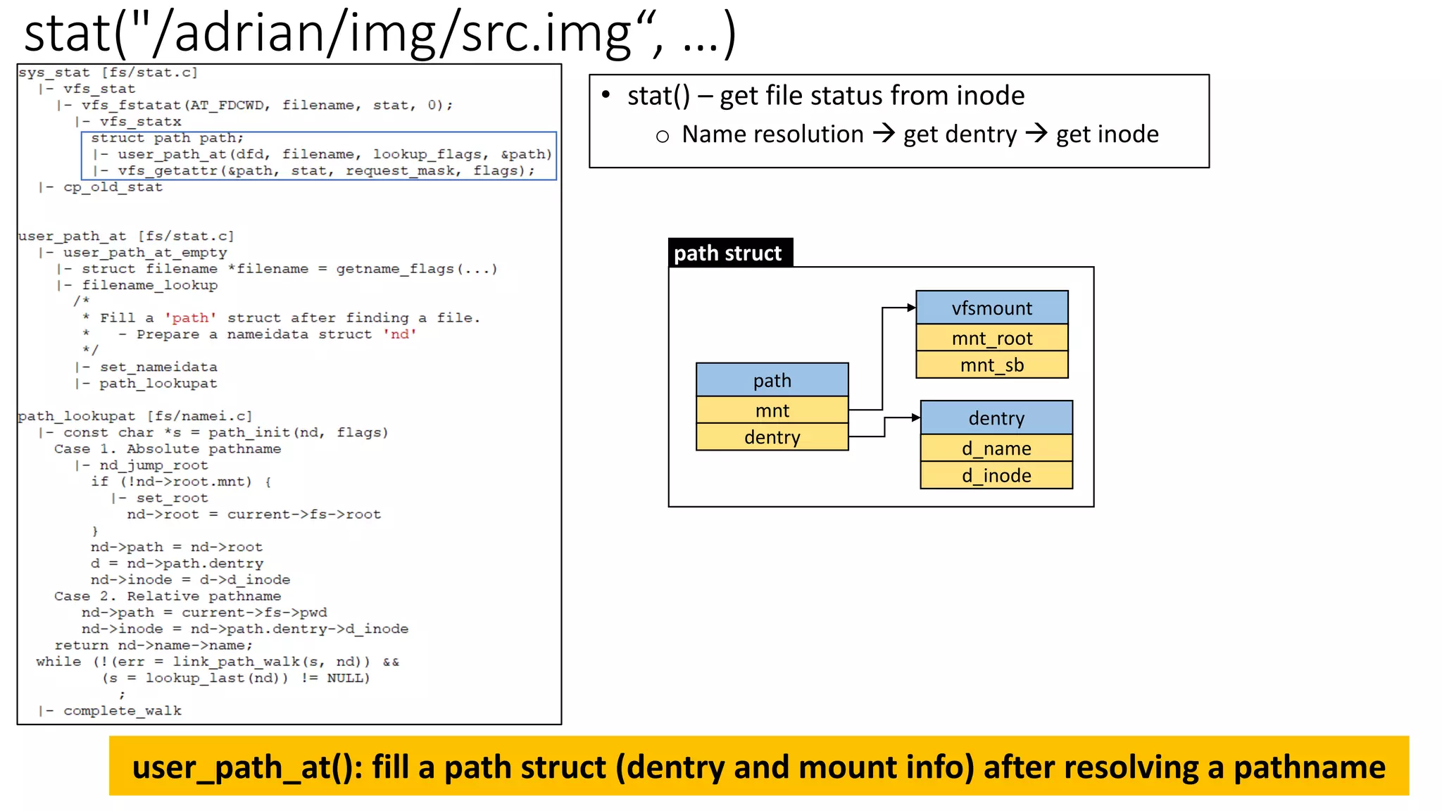 stat("/adrian/img/src.img“, …)
user_path_at(): fill a path struct (dentry and mount info) after resolving a pathname
vfsmount
mnt_root
mnt_sb
dentry
d_name
path
mnt
dentry
d_inode
path struct
• stat() – get file status from inode
o Name resolution → get dentry → get inode
 
