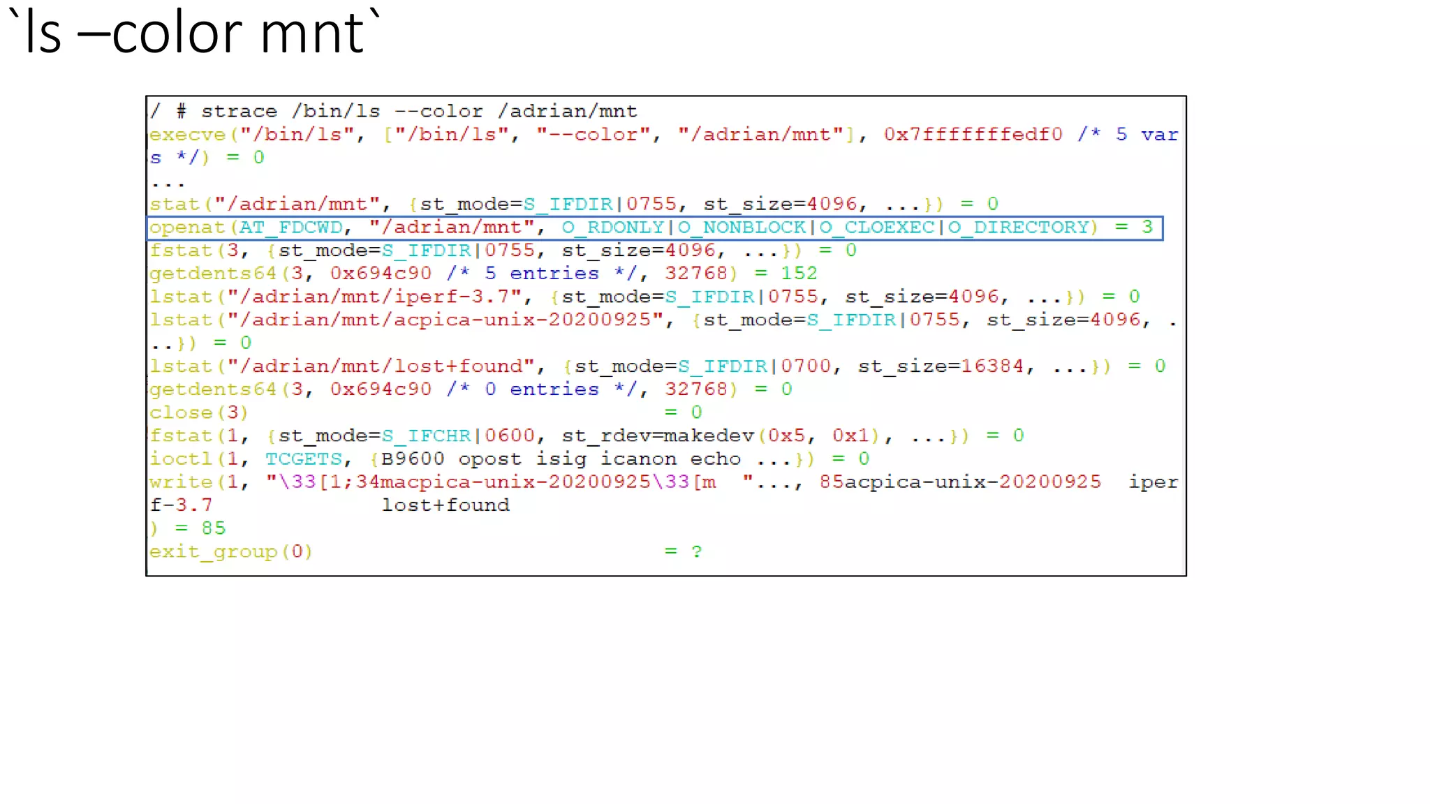 `ls –color mnt`
 