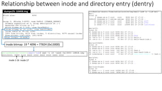 inode bitmap: 19 * 4096 = 77824 (0x13000)
inode 1-16 inode 17
`dumpe2fs 16MiB.img`
Relationship between inode and directory entry (dentry)
 
