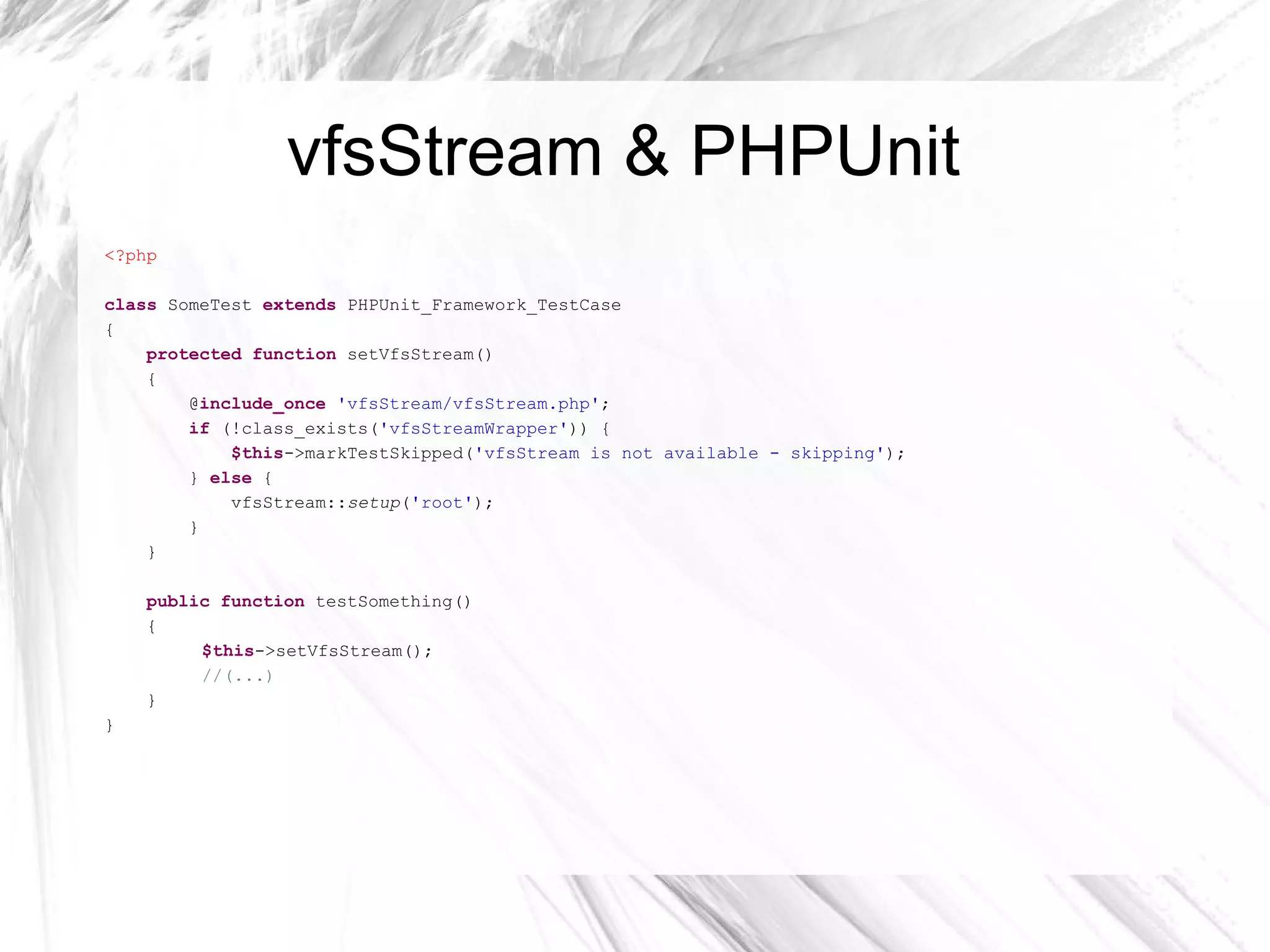 guerrillas test case <?php class  ConfigTest  extends  PHPUnit_Framework_TestCase { private  $cacheDir  =  '/tmp/cache' ; private  $configFile  =  '/tmp/config.ini' ; // (...) /** * @covers Config::__construct */ public function  testConstructorThrowsExceptionWithInvalidConfigFile() { $configFile =  '/share/usr/config.ini' ; $this ->setExpectedException( 'Exception' ,  "Can't set the filename - it doesn't exists!" ); $config =  new  Config($configFile); } // (...) } 