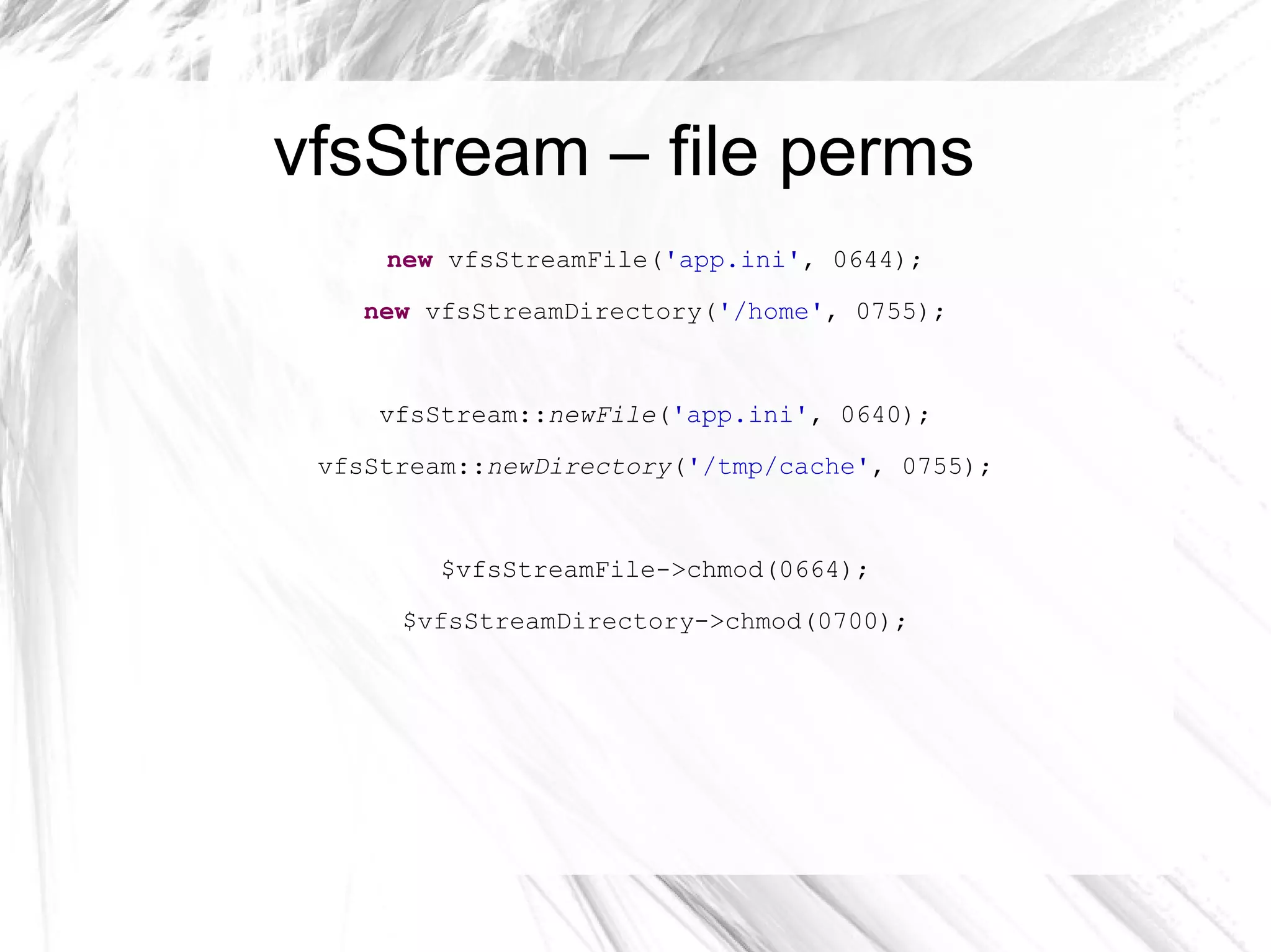 vfsStream & PHPUnit <?php class  SomeTest  extends  PHPUnit_Framework_TestCase { protected function  setVfsStream() { @ include_once  'vfsStream/vfsStream.php' ; if  (!class_exists( 'vfsStreamWrapper' )) { $this ->markTestSkipped( 'vfsStream is not available - skipping' ); }  else  { vfsStream:: setup ( 'root' ); } } public function  testSomething() { $this ->setVfsStream(); //(...) } } 