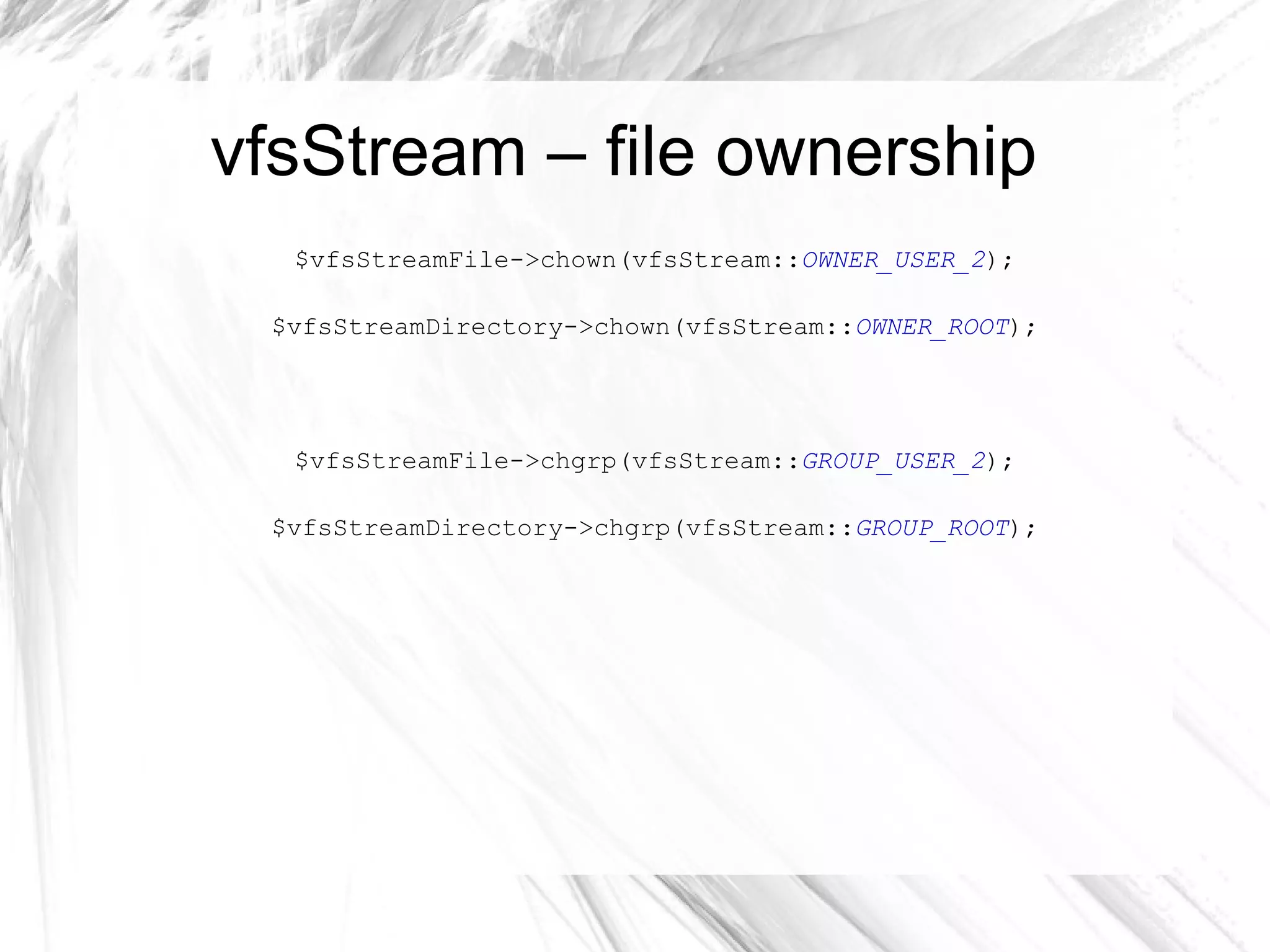 vfsStream – working with files <?php class  ConfigTest  extends  PHPUnit_Framework_TestCase { /** * @covers Config::__construct */ public function  testConstructorSetsConfigFilename() { $this ->setVfsStream(); vfsStream::newFile( 'config.ini' )->at(vfsStreamWrapper::getRoot()); $config =  new  Config(vfsStream::url( 'root/config.ini' )); $this ->assertAttributeEquals(vfsStream::url( 'root/config.ini' ),  'filename' , $config); } // (...) } 
