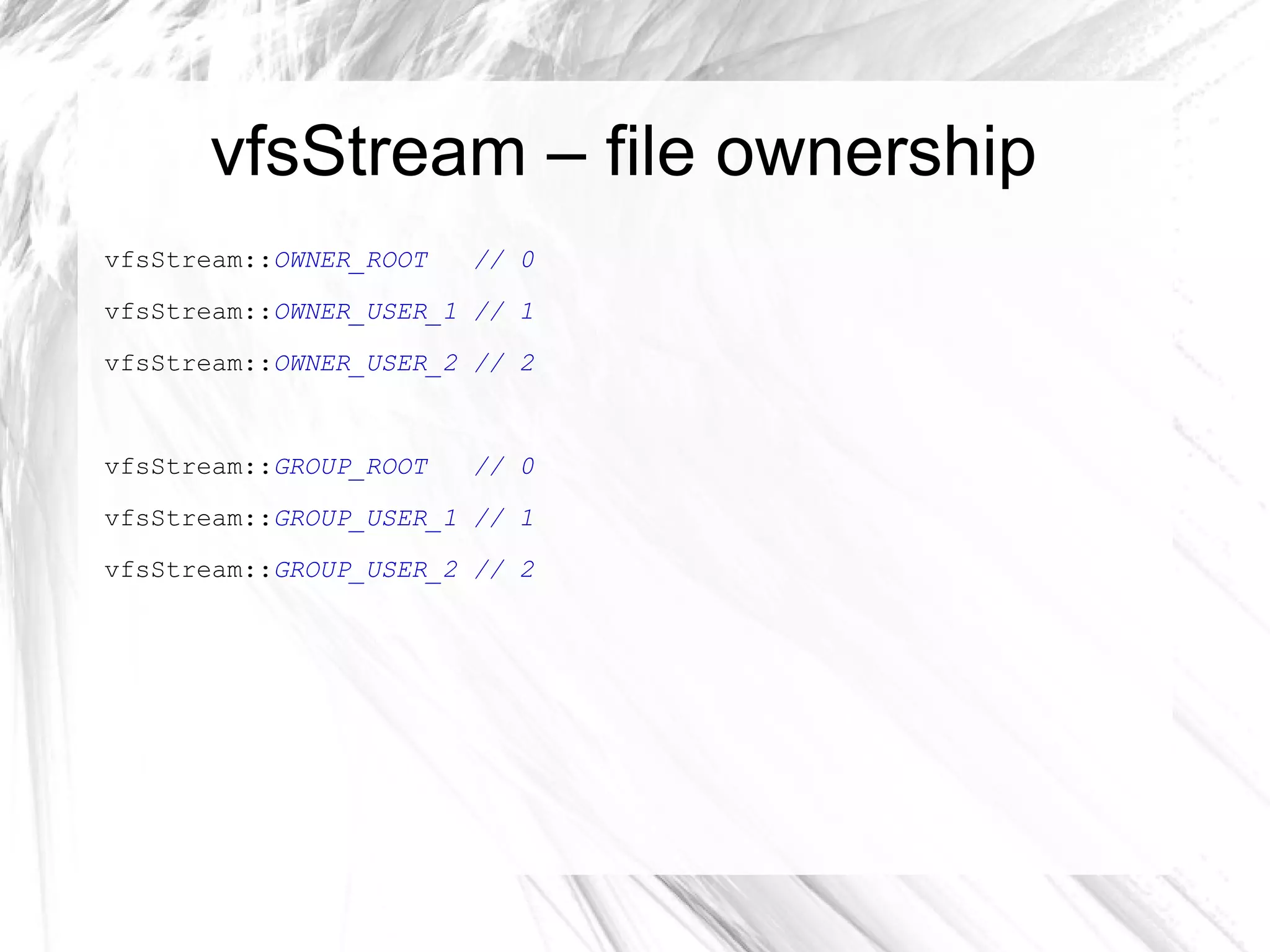 vfsStream – working with files <?php class  ConfigTest  extends  PHPUnit_Framework_TestCase { /** * @covers Config::__construct */ public function  testConstructorThrowsExceptionWithInvalidConfigFile() { $this ->setVfsStream(); $this ->setExpectedException( 'Exception' ,  "Can't set the filename - it doesn't exists!" ); $config =  new  Config(vfsStream::url( 'root/config.ini' )); } // (...) } 