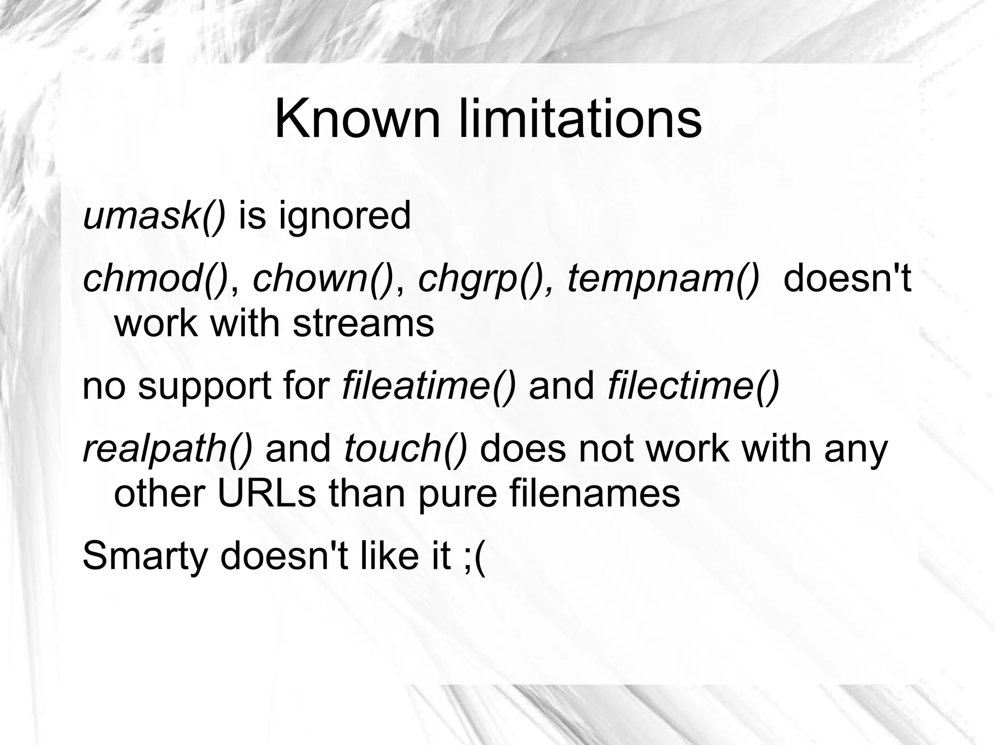 vfsStream url <?php // (...) public function dumpVfsStreamUrl () { $this ->setVfsStream(); echo  vfsStream::url( 'root/config.ini' ); // vfs://root/config.ini } // (...) } 