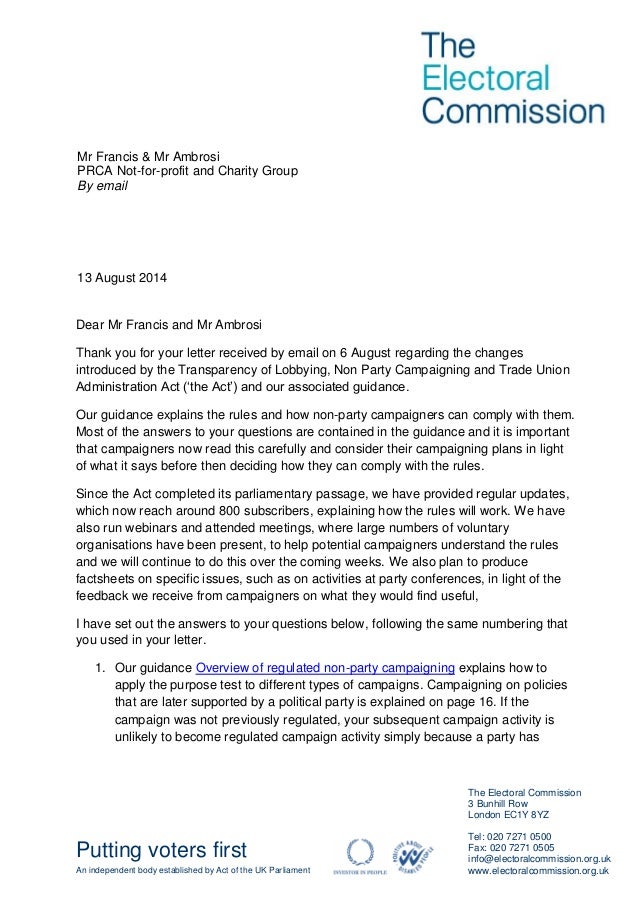 charity commission letter electoral commission letter to prca not for profit and charity commission letter electoral commission letter to prca not for profit and