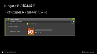 #UE4 | @UNREALENGINE
Niagaraでの基本設定
1. CSVの読み込み（自作のモジュール）
 