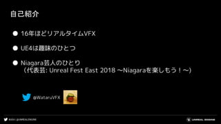 #UE4 | @UNREALENGINE
自己紹介
● 16年ほどリアルタイムVFX
● UE4は趣味のひとつ
● Niagara芸人のひとり
（代表芸: Unreal Fest East 2018 ～Niagaraを楽しもう！～)
@WataruVFX
 