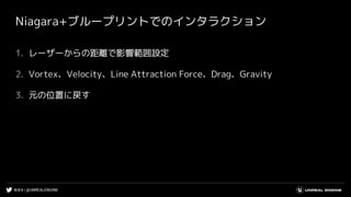 #UE4 | @UNREALENGINE
Niagara+ブループリントでのインタラクション
1. レーザーからの距離で影響範囲設定
2. Vortex、Velocity、Line Attraction Force、Drag、Gravity
3. 元の位置に戻す
 