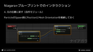 #UE4 | @UNREALENGINE
Niagara+ブループリントでのインタラクション
4. 元の位置に戻す（自作モジュール）
ParticleのSpawn時にPositionとMesh Orientationを格納しておく
 