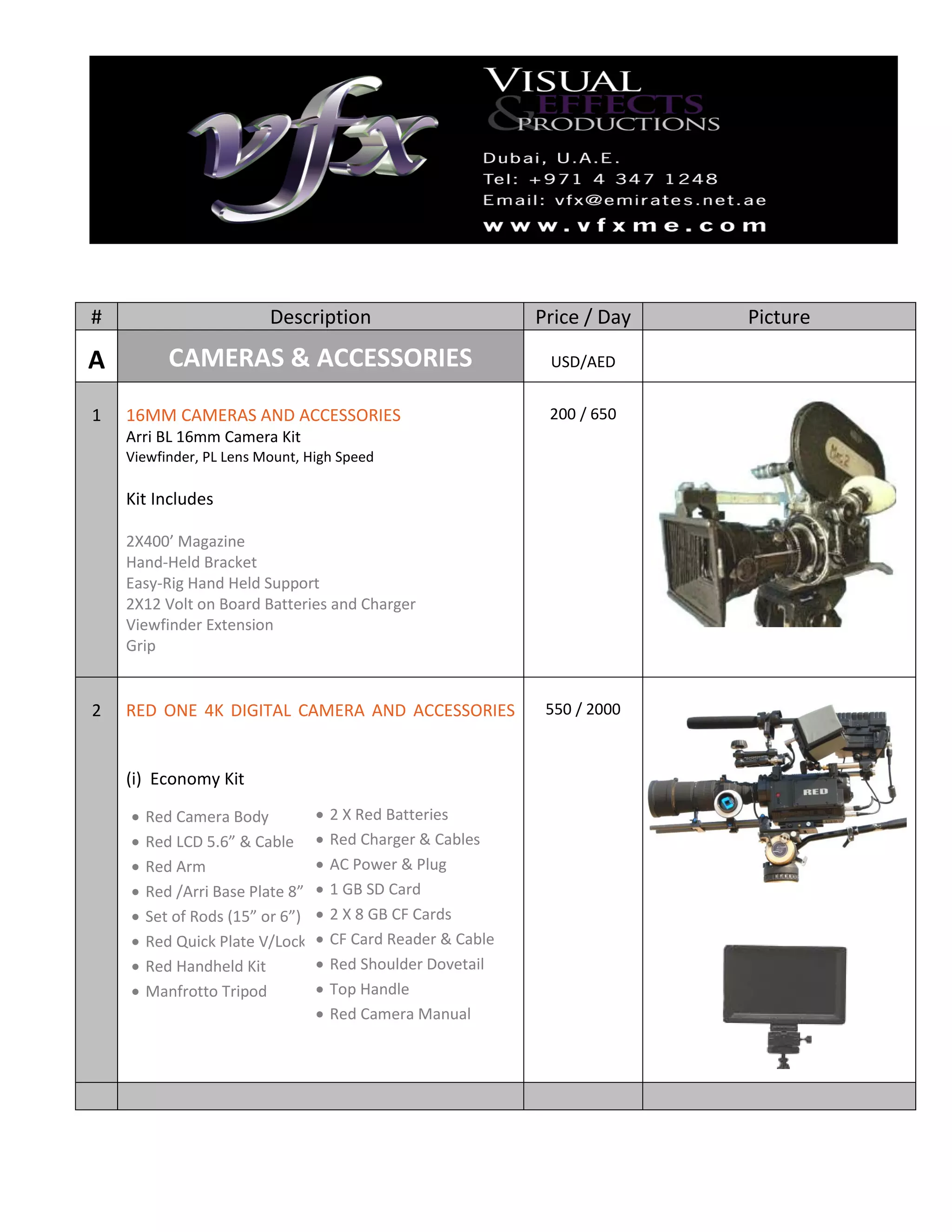 VFX equipment rental rate card | PDF