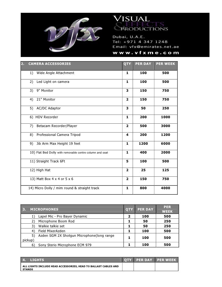 VFX equipment rental rate card