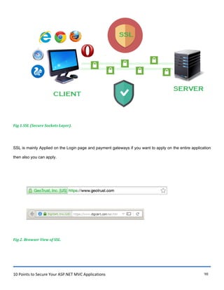 10 Points to Secure Your ASP.NET MVC Applications 98
Fig 1.SSL (Secure Sockets Layer).
SSL is mainly Applied on the Login page and payment gateways if you want to apply on the entire application
then also you can apply.
Fig 2. Browser View of SSL.
 
