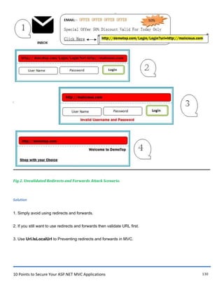 10 Points to Secure Your ASP.NET MVC Applications 130
Fig 2. Unvalidated Redirects and Forwards Attack Scenario.
Solution
1. Simply avoid using redirects and forwards.
2. If you still want to use redirects and forwards then validate URL first.
3. Use Url.IsLocalUrl to Preventing redirects and forwards in MVC.
 