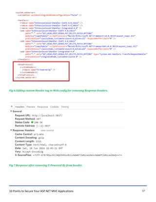 10 Points to Secure Your ASP.NET MVC Applications 57
Fig 6.Adding custom Header tag in Web.config for removing Response headers.
Fig 7.Response after removing X-Powered-By from header.
 