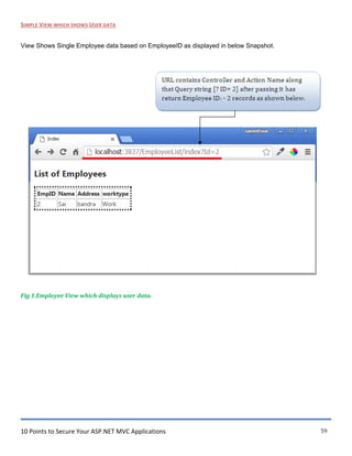 10 Points to Secure Your ASP.NET MVC Applications 59
SIMPLE VIEW WHICH SHOWS USER DATA
View Shows Single Employee data based on EmployeeID as displayed in below Snapshot.
Fig 1.Employee View which displays user data.
 