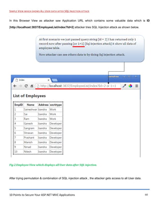 10 Points to Secure Your ASP.NET MVC Applications 60
SIMPLE VIEW WHICH SHOWS ALL USER DATA AFTER SQL INJECTION ATTACK
In this Browser View as attacker saw Application URL which contains some valuable data which is ID
[http://localhost:3837/EmployeeList/index?Id=2] attacker tries SQL Injection attack as shown below.
Fig 2.Employee View which displays all User data after SQL injection.
After trying permutation & combination of SQL injection attack , the attacker gets access to all User data.
 