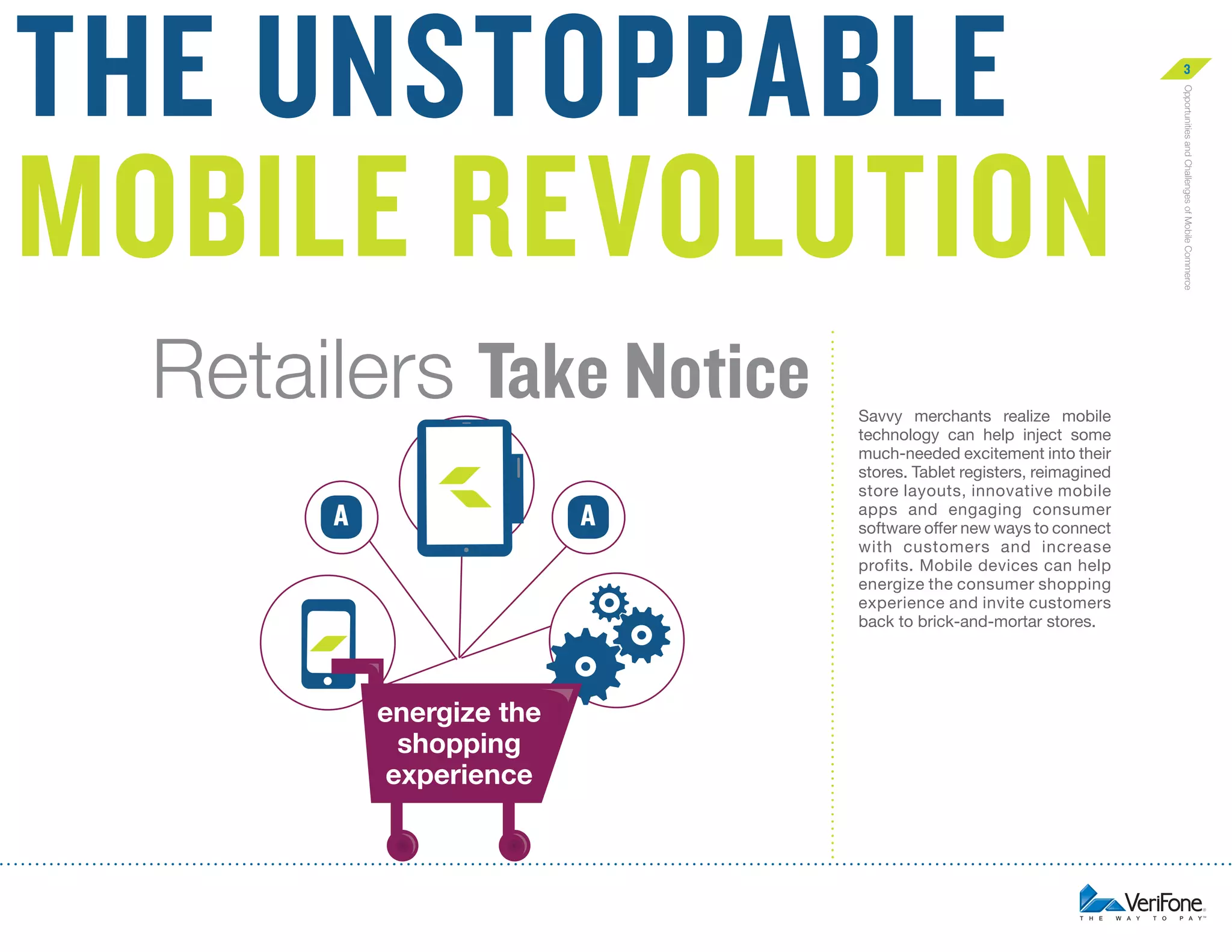 Retailers Take Notice
A

A

energize the
shopping
experience

Savvy merchants realize mobile
technology can help inject some
much-needed excitement into their
stores. Tablet registers, reimagined
store layouts, innovative mobile
apps and engaging consumer
software offer new ways to connect
with customers and increase
profits. Mobile devices can help
energize the consumer shopping
experience and invite customers
back to brick-and-mortar stores.

Opportunities and Challenges of Mobile Commerce

the unstoppable
mobile revolution

3

 