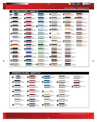 UNIVERSAL PRODUCTS
          DUO-TONE P/N 0204 - WIDTH 1/4”




          SYMMETRY P/N 0209 - WIDTH 9/32”




                                            AUTOMOTIVE GRAPHICS 9

VINYL GRAPHICS 2007 CATALOG.indd9 9                        2/18/2007 8:22:35 PM
 