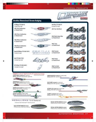 UNIVERSAL PRODUCTS




            PINDROPS (1 Left and 1 Right Per Set Plus 50’ Complimentary Striping)
            GLORY EAGLE P/N 08624510 (1 1/18” X 5”)       Ultramark Domed Enhancements
                                                                                            AMERICAN RACER P/N 08623471 (1 5/8” X 6 7/8”)
            Rollstripe: 7/32” X 50’ Cardinal Red, White, Sapphire Blue                      Rollstripe: 8/32” X 50’ Cardinal Red, Blue



            ARROWHEAD P/N 08626513 (1 5/16” X 6”)                                           OLD GLORY P/N 08622511 (1 1/8” X 5”)
            Rollstripe: 7/32” X 50’ Autumn Gold Met., Silver Met., Red Met.                 Rollstripe: 4/16” X 50’ Sapphire Blue, Cardinal Red


            GECKO & FLY P/N 08627514 (1 3/16” X 4 1/2”)
            Rollstripe: 8/32” X 50’ Black, Emerald Green                                    VICTORY LAP P/N 08621321(1 1/8” X 4 1/8”)
                                                                                            Rollstripe: 7/32” X 50’ Red, White, Black


            CACTUS P/N 08628515 (2 3/8” X 5 3/8”)                                           FLAMIN’ P/N 08630323 (7/8” X 6 3/4”)
            Rollstripe: 7/32” X 50’ Black, Silver Met., Charcoal Met.                       Rollstripe: 7/32” X 50’ Dk. Yellow, Orange, Red



                                                             1“ X 3 1/2” (8 each per set)
                                                                                                      SPECIAL EDITION EMBLEM P/N 08614
                                                                                                      398 Black and Gray on Chrome w/ embossing

              GOLD EDITION EMBLEM P/N 08612
              399 Black and Gray on Double Gold w/ embossing                                          SPECIAL EDITION EMBLEM P/N 08614
                                                                                                      399 Black and Gray on Double Gold w/ embossing



                                                                                                                              AUTOMOTIVE GRAPHICS 47

VINYL GRAPHICS 2007 CATALOG.indd47 47                                                                                                                     2/16/2007 12:05:38 PM
 