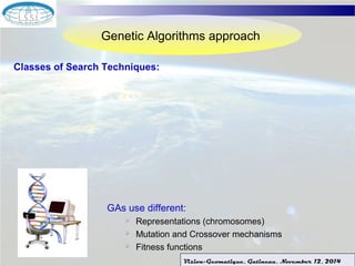 Genetic Algorithms approach 
Classes of Search Techniques: 
GAs use different: 
 Representations (chromosomes) 
 Mutation and Crossover mechanisms 
 Fitness functions 
Vision-Geomatique, Gatineau, November 12, 2014 
 
