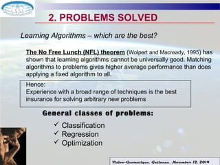 2. PROBLEMS SOLVED 
Learning Algorithms – which are the best? 
The No Free Lunch (NFL) theorem (Wolpert and Macready, 1995) has 
shown that learning algorithms cannot be universally good. Matching 
algorithms to problems gives higher average performance than does 
applying a fixed algorithm to all. 
Hence: 
Experience with a broad range of techniques is the best 
insurance for solving arbitrary new problems 
General classes of problems: 
Vision-Geomatique, Gatineau, November 12, 2014 
 Classification 
 Regression 
 Optimization 
 