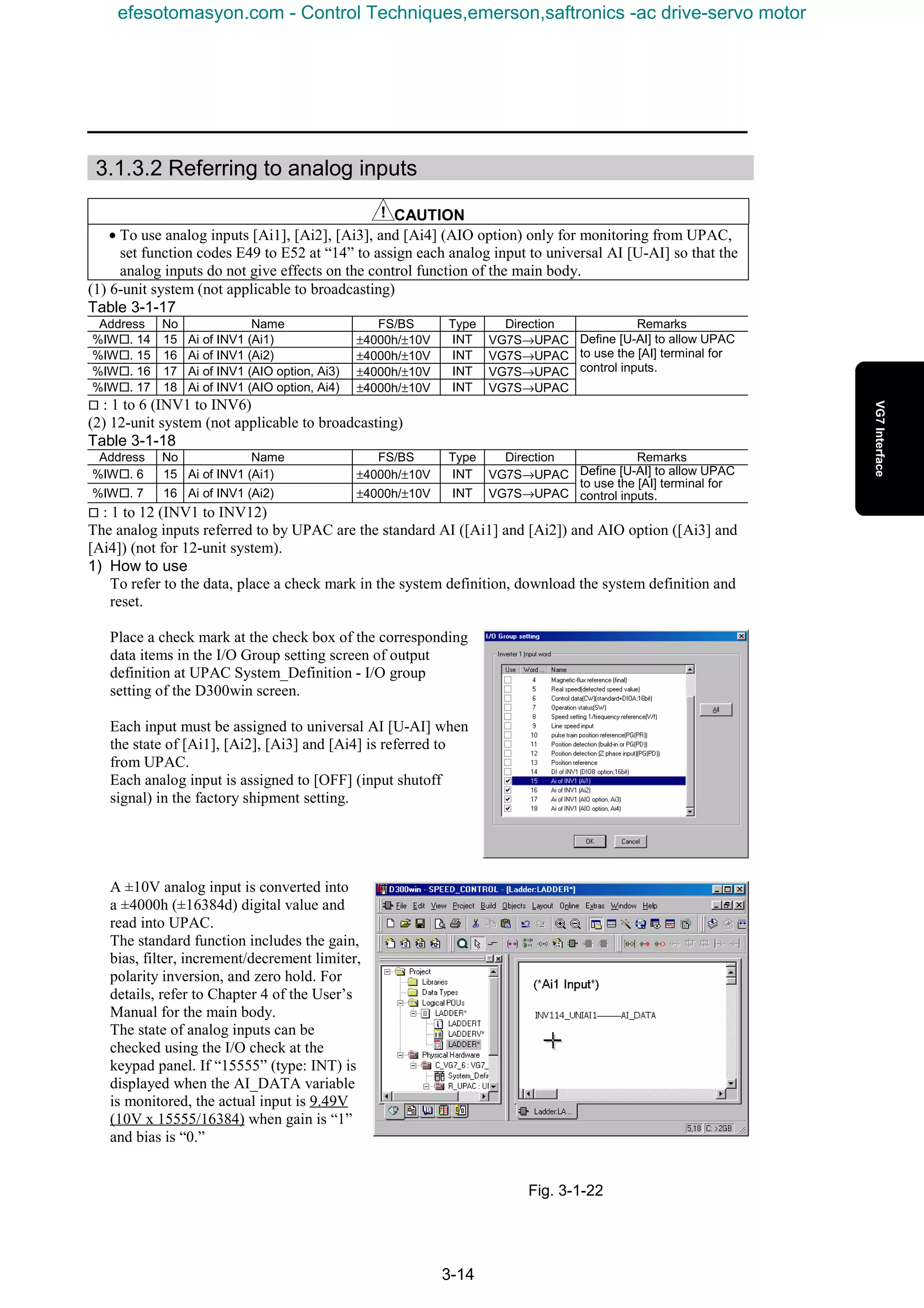 3-14
3.1.3.2 Referring to analog inputs
CAUTION
• To use analog inputs [Ai1], [Ai2], [Ai3], and [Ai4] (AIO option) only for monitoring from UPAC,
set function codes E49 to E52 at “14” to assign each analog input to universal AI [U-AI] so that the
analog inputs do not give effects on the control function of the main body.
(1) 6-unit system (not applicable to broadcasting)
Table 3-1-17
Address No Name FS/BS Type Direction Remarks
%IW¨. 14 15 Ai of INV1 (Ai1) ±4000h/±10V INT VG7S→UPAC
%IW¨. 15 16 Ai of INV1 (Ai2) ±4000h/±10V INT VG7S→UPAC
%IW¨. 16 17 Ai of INV1 (AIO option, Ai3) ±4000h/±10V INT VG7S→UPAC
%IW¨. 17 18 Ai of INV1 (AIO option, Ai4) ±4000h/±10V INT VG7S→UPAC
Define [U-AI] to allow UPAC
to use the [AI] terminal for
control inputs.
¨ : 1 to 6 (INV1 to INV6)
(2) 12-unit system (not applicable to broadcasting)
Table 3-1-18
Address No Name FS/BS Type Direction Remarks
%IW¨. 6 15 Ai of INV1 (Ai1) ±4000h/±10V INT VG7S→UPAC
%IW¨. 7 16 Ai of INV1 (Ai2) ±4000h/±10V INT VG7S→UPAC
Define [U-AI] to allow UPAC
to use the [AI] terminal for
control inputs.
¨ : 1 to 12 (INV1 to INV12)
The analog inputs referred to by UPAC are the standard AI ([Ai1] and [Ai2]) and AIO option ([Ai3] and
[Ai4]) (not for 12-unit system).
1) How to use
To refer to the data, place a check mark in the system definition, download the system definition and
reset.
Place a check mark at the check box of the corresponding
data items in the I/O Group setting screen of output
definition at UPAC System_Definition - I/O group
setting of the D300win screen.
Each input must be assigned to universal AI [U-AI] when
the state of [Ai1], [Ai2], [Ai3] and [Ai4] is referred to
from UPAC.
Each analog input is assigned to [OFF] (input shutoff
signal) in the factory shipment setting.
A ±10V analog input is converted into
a ±4000h (±16384d) digital value and
read into UPAC.
The standard function includes the gain,
bias, filter, increment/decrement limiter,
polarity inversion, and zero hold. For
details, refer to Chapter 4 of the User’s
Manual for the main body.
The state of analog inputs can be
checked using the I/O check at the
keypad panel. If “15555” (type: INT) is
displayed when the AI_DATA variable
is monitored, the actual input is 9.49V
(10V x 15555/16384) when gain is “1”
and bias is “0.”
Fig. 3-1-22
efesotomasyon.com - Control Techniques,emerson,saftronics -ac drive-servo motor
 
