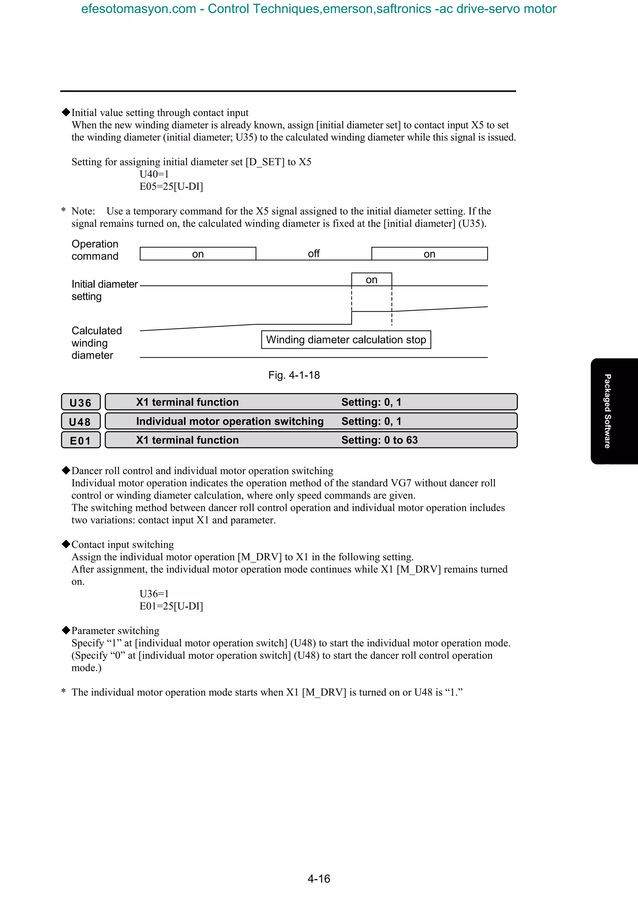4-16
KInitial value setting through contact input
When the new winding diameter is already known, assign [initial diameter set] to contact input X5 to set
the winding diameter (initial diameter; U35) to the calculated winding diameter while this signal is issued.
Setting for assigning initial diameter set [D_SET] to X5
U40=1
E05=25[U-DI]
* Note: Use a temporary command for the X5 signal assigned to the initial diameter setting. If the
signal remains turned on, the calculated winding diameter is fixed at the [initial diameter] (U35).
KDancer roll control and individual motor operation switching
Individual motor operation indicates the operation method of the standard VG7 without dancer roll
control or winding diameter calculation, where only speed commands are given.
The switching method between dancer roll control operation and individual motor operation includes
two variations: contact input X1 and parameter.
KContact input switching
Assign the individual motor operation [M_DRV] to X1 in the following setting.
After assignment, the individual motor operation mode continues while X1 [M_DRV] remains turned
on.
U36=1
E01=25[U-DI]
KParameter switching
Specify “1” at [individual motor operation switch] (U48) to start the individual motor operation mode.
(Specify “0” at [individual motor operation switch] (U48) to start the dancer roll control operation
mode.)
* The individual motor operation mode starts when X1 [M_DRV] is turned on or U48 is “1.”
off onon
Winding diameter calculation stop
on
Operation
command
Calculated
winding
diameter
Initial diameter
setting
Fig. 4-1-18
U36 X1 terminal function Setting: 0, 1
U48 Individual motor operation switching Setting: 0, 1
E01 X1 terminal function Setting: 0 to 63
efesotomasyon.com - Control Techniques,emerson,saftronics -ac drive-servo motor
 