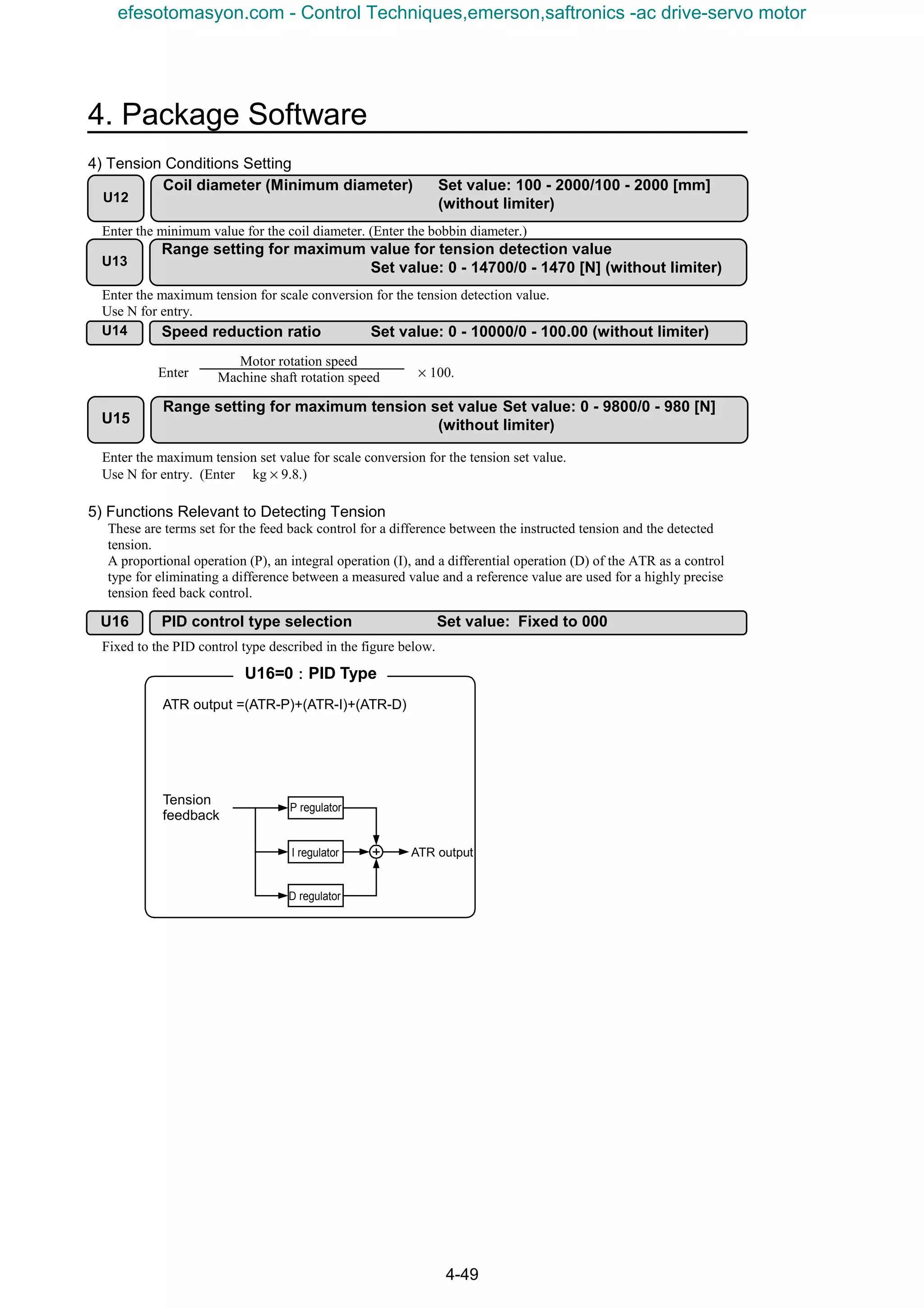 4. Package Software
4-49
4) Tension Conditions Setting
Enter the minimum value for the coil diameter. (Enter the bobbin diameter.)
Enter the maximum tension for scale conversion for the tension detection value.
Use N for entry.
Enter × 100.
Enter the maximum tension set value for scale conversion for the tension set value.
Use N for entry. (Enter kg × 9.8.)
5) Functions Relevant to Detecting Tension
These are terms set for the feed back control for a difference between the instructed tension and the detected
tension.
A proportional operation (P), an integral operation (I), and a differential operation (D) of the ATR as a control
type for eliminating a difference between a measured value and a reference value are used for a highly precise
tension feed back control.
Fixed to the PID control type described in the figure below.
P regulator
ATR output
Tension
feedback
U16=0：：：：PID Type
ATR output =(ATR-P)+(ATR-I)+(ATR-D)
I regulator
D regulator
Motor rotation speed
Machine shaft rotation speed
U14 Speed reduction ratio Set value: 0 - 10000/0 - 100.00 (without limiter)
U12
Coil diameter (Minimum diameter) Set value: 100 - 2000/100 - 2000 [mm]
(without limiter)
U13
Range setting for maximum value for tension detection value
Set value: 0 - 14700/0 - 1470 [N] (without limiter)
U15
Range setting for maximum tension set value Set value: 0 - 9800/0 - 980 [N]
(without limiter)
U16 PID control type selection Set value: Fixed to 000
efesotomasyon.com - Control Techniques,emerson,saftronics -ac drive-servo motor
 