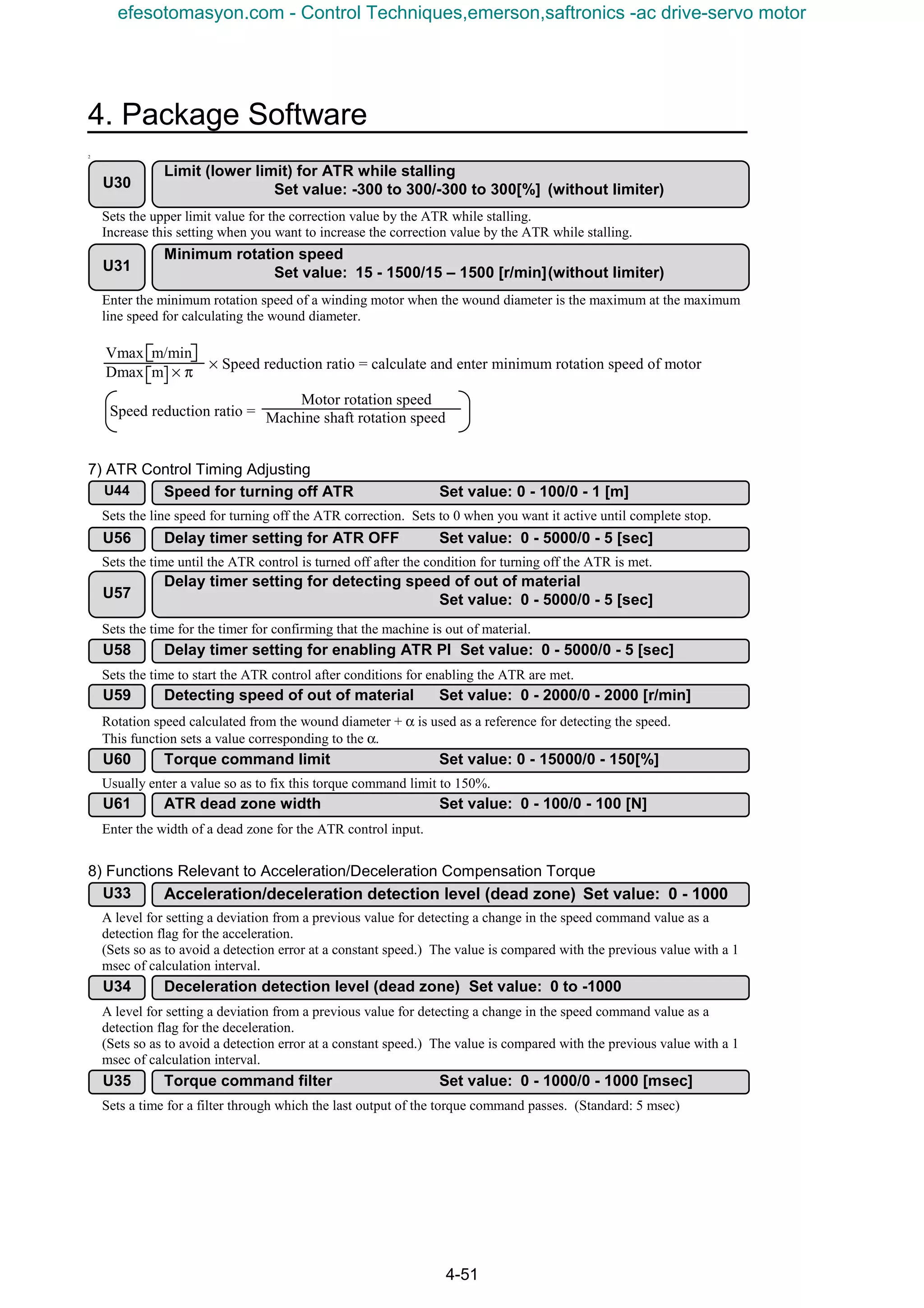 4. Package Software
4-51
2
Sets the upper limit value for the correction value by the ATR while stalling.
Increase this setting when you want to increase the correction value by the ATR while stalling.
Enter the minimum rotation speed of a winding motor when the wound diameter is the maximum at the maximum
line speed for calculating the wound diameter.
× Speed reduction ratio = calculate and enter minimum rotation speed of motor
Speed reduction ratio =
7) ATR Control Timing Adjusting
Sets the line speed for turning off the ATR correction. Sets to 0 when you want it active until complete stop.
Sets the time until the ATR control is turned off after the condition for turning off the ATR is met.
Sets the time for the timer for confirming that the machine is out of material.
Sets the time to start the ATR control after conditions for enabling the ATR are met.
Rotation speed calculated from the wound diameter + α is used as a reference for detecting the speed.
This function sets a value corresponding to the α.
Usually enter a value so as to fix this torque command limit to 150%.
Enter the width of a dead zone for the ATR control input.
8) Functions Relevant to Acceleration/Deceleration Compensation Torque
A level for setting a deviation from a previous value for detecting a change in the speed command value as a
detection flag for the acceleration.
(Sets so as to avoid a detection error at a constant speed.) The value is compared with the previous value with a 1
msec of calculation interval.
A level for setting a deviation from a previous value for detecting a change in the speed command value as a
detection flag for the deceleration.
(Sets so as to avoid a detection error at a constant speed.) The value is compared with the previous value with a 1
msec of calculation interval.
Sets a time for a filter through which the last output of the torque command passes. (Standard: 5 msec)
Motor rotation speed
Machine shaft rotation speed
Vmax m/min
Dmax m × π
U30
Limit (lower limit) for ATR while stalling
Set value: -300 to 300/-300 to 300[%] (without limiter)
U31
Minimum rotation speed
Set value: 15 - 1500/15 – 1500 [r/min](without limiter)
U44 Speed for turning off ATR Set value: 0 - 100/0 - 1 [m]
U56 Delay timer setting for ATR OFF Set value: 0 - 5000/0 - 5 [sec]
U57
Delay timer setting for detecting speed of out of material
Set value: 0 - 5000/0 - 5 [sec]
U58 Delay timer setting for enabling ATR PI Set value: 0 - 5000/0 - 5 [sec]
U59 Detecting speed of out of material Set value: 0 - 2000/0 - 2000 [r/min]
U60 Torque command limit Set value: 0 - 15000/0 - 150[%]
U61 ATR dead zone width Set value: 0 - 100/0 - 100 [N]
U33 Acceleration/deceleration detection level (dead zone) Set value: 0 - 1000
U34 Deceleration detection level (dead zone) Set value: 0 to -1000
U35 Torque command filter Set value: 0 - 1000/0 - 1000 [msec]
efesotomasyon.com - Control Techniques,emerson,saftronics -ac drive-servo motor
 