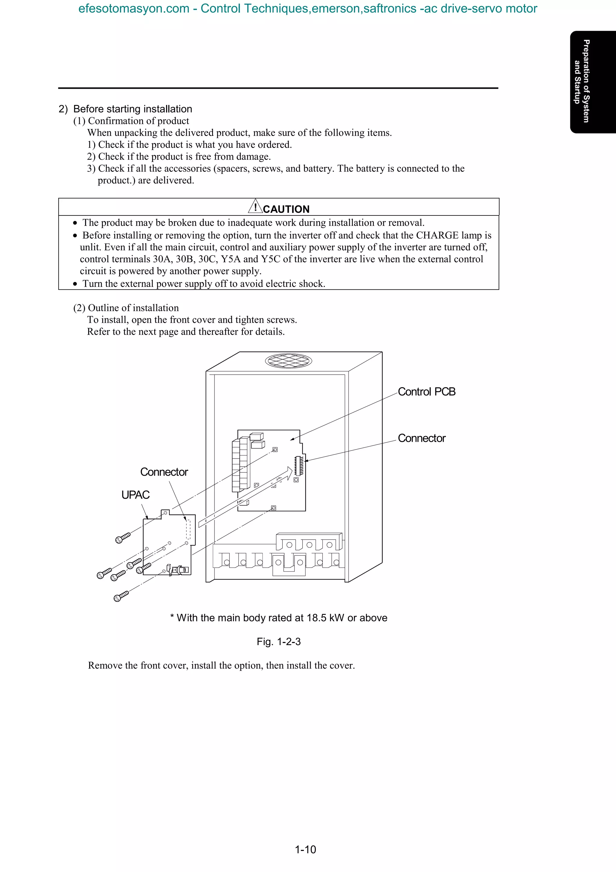 1-10
2) Before starting installation
(1) Confirmation of product
When unpacking the delivered product, make sure of the following items.
1) Check if the product is what you have ordered.
2) Check if the product is free from damage.
3) Check if all the accessories (spacers, screws, and battery. The battery is connected to the
product.) are delivered.
CAUTION
• The product may be broken due to inadequate work during installation or removal.
• Before installing or removing the option, turn the inverter off and check that the CHARGE lamp is
unlit. Even if all the main circuit, control and auxiliary power supply of the inverter are turned off,
control terminals 30A, 30B, 30C, Y5A and Y5C of the inverter are live when the external control
circuit is powered by another power supply.
• Turn the external power supply off to avoid electric shock.
(2) Outline of installation
To install, open the front cover and tighten screws.
Refer to the next page and thereafter for details.
* With the main body rated at 18.5 kW or above
Fig. 1-2-3
Remove the front cover, install the option, then install the cover.
Control PCB
Connector
Connector
UPAC
efesotomasyon.com - Control Techniques,emerson,saftronics -ac drive-servo motor
 