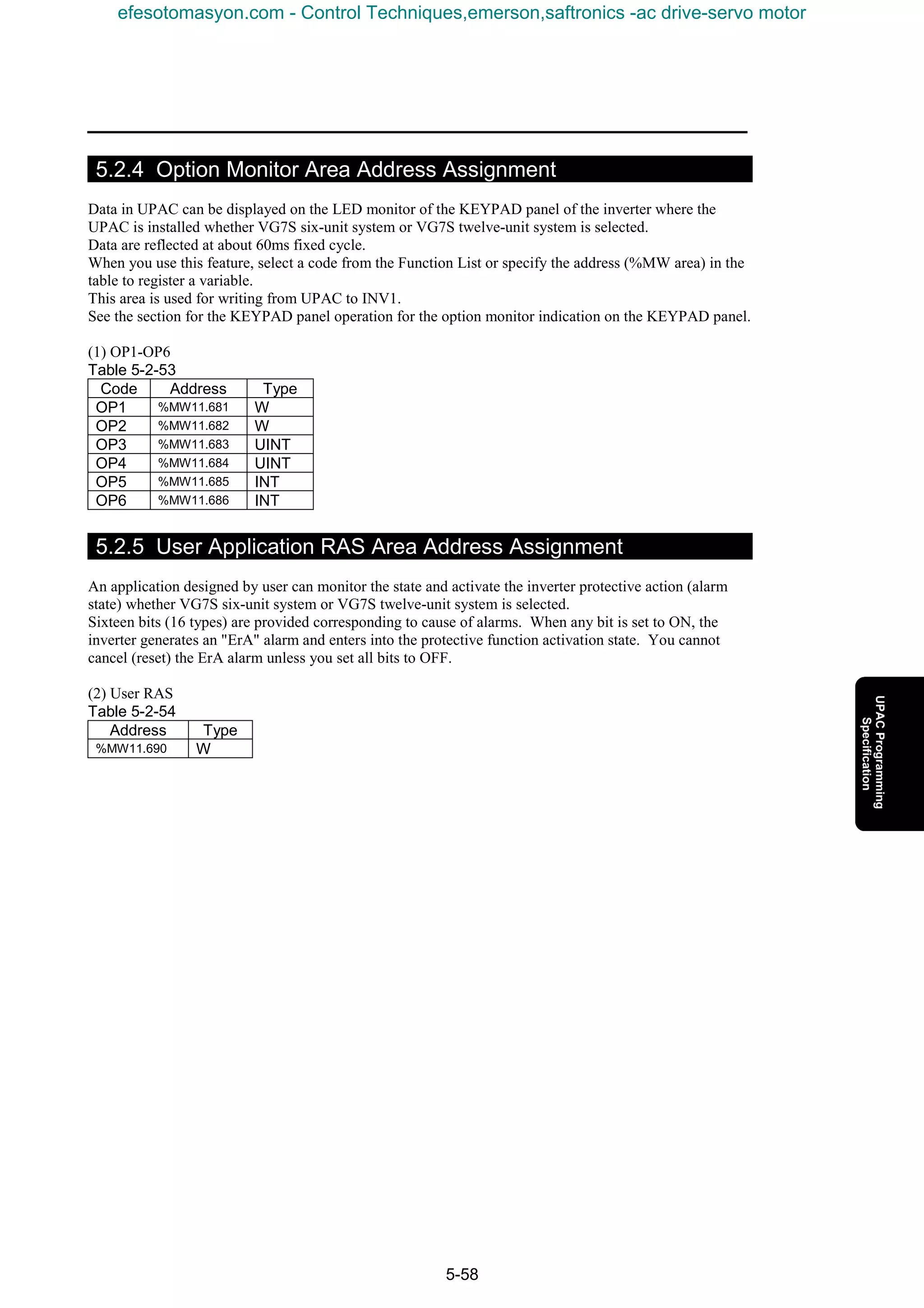5-58
5.2.4 Option Monitor Area Address Assignment
Data in UPAC can be displayed on the LED monitor of the KEYPAD panel of the inverter where the
UPAC is installed whether VG7S six-unit system or VG7S twelve-unit system is selected.
Data are reflected at about 60ms fixed cycle.
When you use this feature, select a code from the Function List or specify the address (%MW area) in the
table to register a variable.
This area is used for writing from UPAC to INV1.
See the section for the KEYPAD panel operation for the option monitor indication on the KEYPAD panel.
(1) OP1-OP6
Table 5-2-53
Code Address Type
OP1 %MW11.681 W
OP2 %MW11.682 W
OP3 %MW11.683 UINT
OP4 %MW11.684 UINT
OP5 %MW11.685 INT
OP6 %MW11.686 INT
5.2.5 User Application RAS Area Address Assignment
An application designed by user can monitor the state and activate the inverter protective action (alarm
state) whether VG7S six-unit system or VG7S twelve-unit system is selected.
Sixteen bits (16 types) are provided corresponding to cause of alarms. When any bit is set to ON, the
inverter generates an "ErA" alarm and enters into the protective function activation state. You cannot
cancel (reset) the ErA alarm unless you set all bits to OFF.
(2) User RAS
Table 5-2-54
Address Type
%MW11.690 W
efesotomasyon.com - Control Techniques,emerson,saftronics -ac drive-servo motor
 