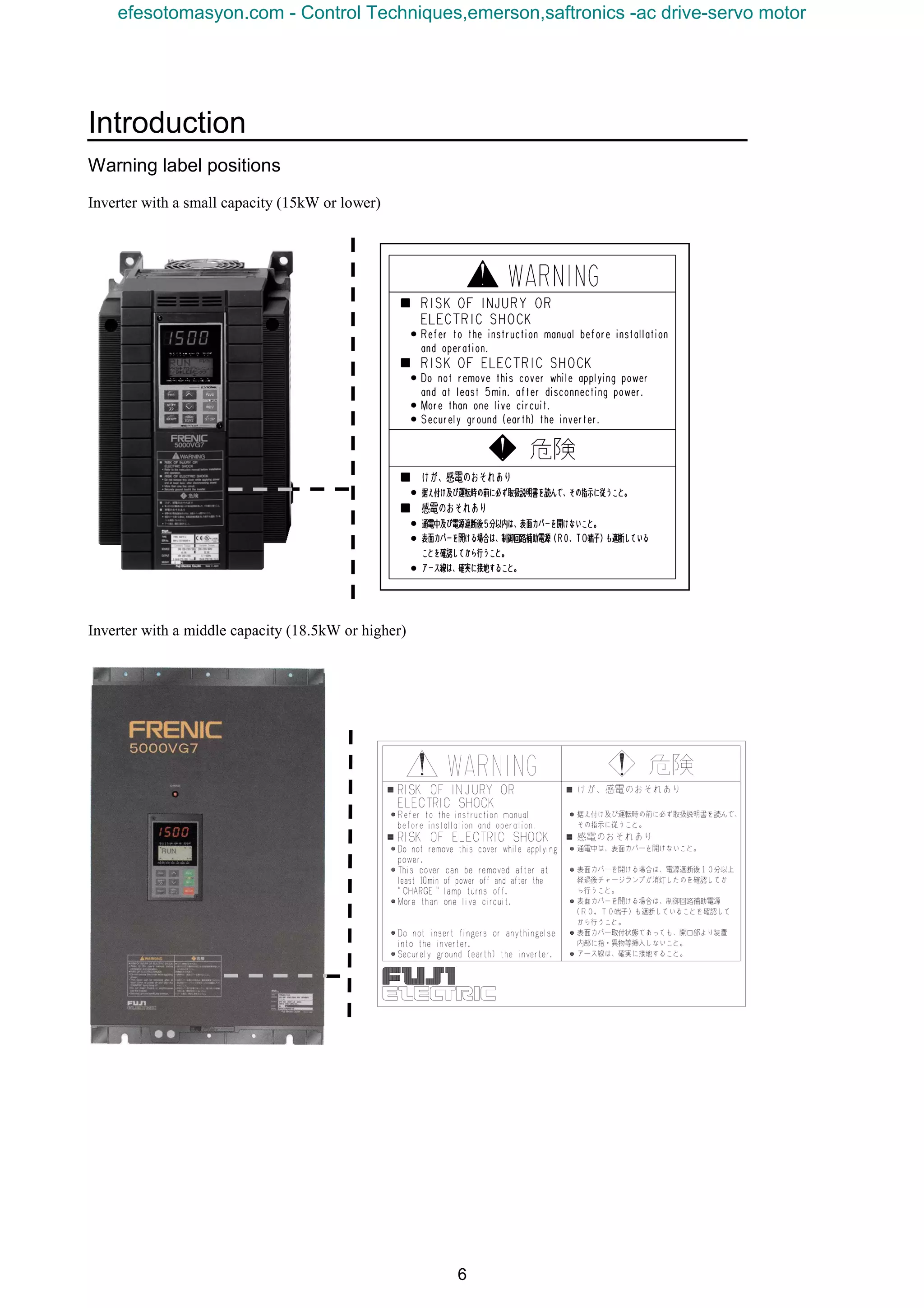 Introduction
6
Warning label positions
Inverter with a small capacity (15kW or lower)
Inverter with a middle capacity (18.5kW or higher)
efesotomasyon.com - Control Techniques,emerson,saftronics -ac drive-servo motor
 