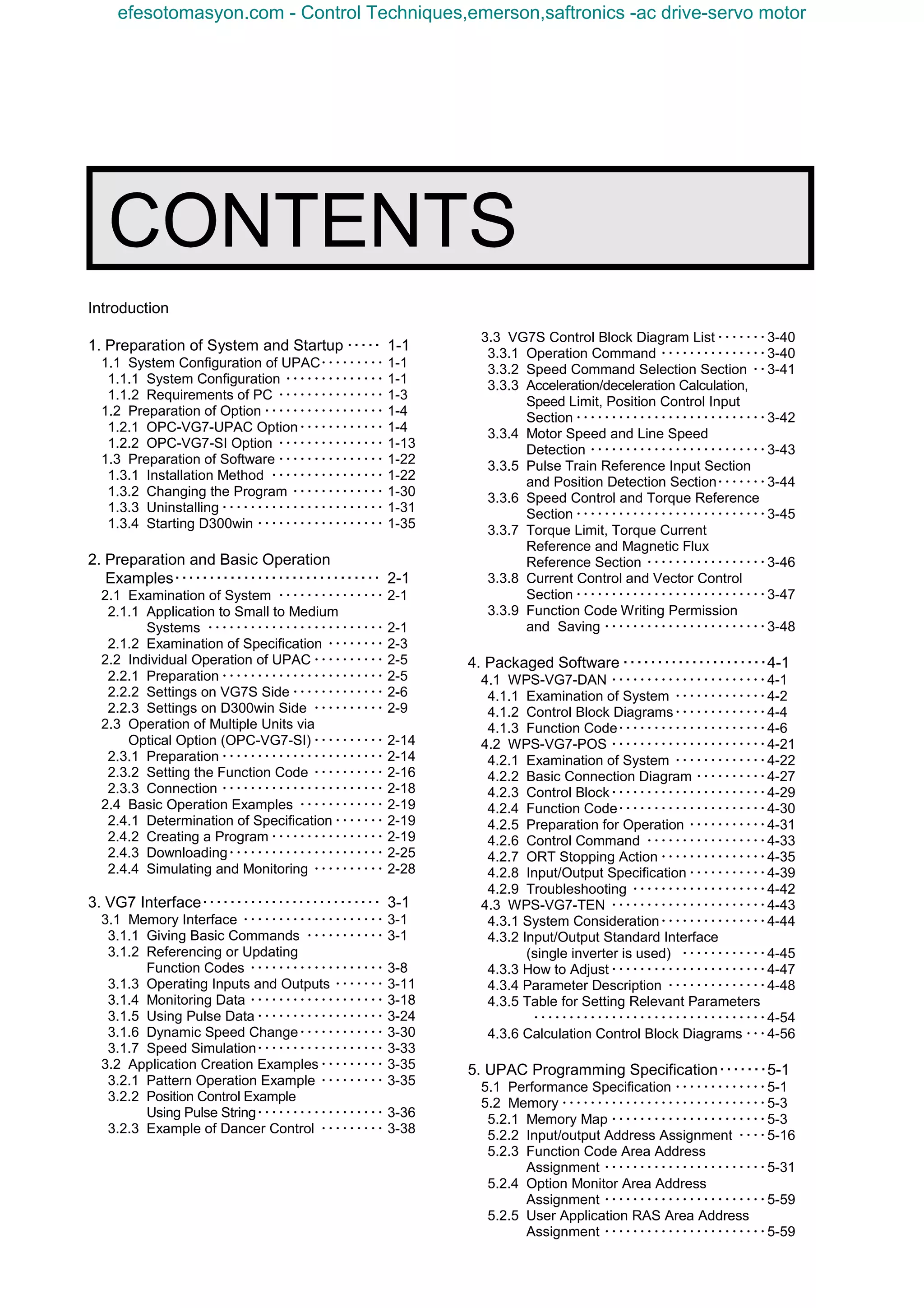 Introduction
1. Preparation of System and Startup ･････ 1-1
1.1 System Configuration of UPAC･････････ 1-1
1.1.1 System Configuration ･･････････････ 1-1
1.1.2 Requirements of PC ･･･････････････ 1-3
1.2 Preparation of Option ･････････････････ 1-4
1.2.1 OPC-VG7-UPAC Option････････････ 1-4
1.2.2 OPC-VG7-SI Option ･･･････････････ 1-13
1.3 Preparation of Software ･･･････････････ 1-22
1.3.1 Installation Method ････････････････ 1-22
1.3.2 Changing the Program ･････････････ 1-30
1.3.3 Uninstalling ･･･････････････････････ 1-31
1.3.4 Starting D300win ･･････････････････ 1-35
2. Preparation and Basic Operation
Examples･･････････････････････････････ 2-1
2.1 Examination of System ･･･････････････ 2-1
2.1.1 Application to Small to Medium
Systems ･････････････････････････ 2-1
2.1.2 Examination of Specification ････････ 2-3
2.2 Individual Operation of UPAC ･･････････ 2-5
2.2.1 Preparation ･･･････････････････････ 2-5
2.2.2 Settings on VG7S Side ･････････････ 2-6
2.2.3 Settings on D300win Side ･･････････ 2-9
2.3 Operation of Multiple Units via
Optical Option (OPC-VG7-SI) ･･････････ 2-14
2.3.1 Preparation ･･･････････････････････ 2-14
2.3.2 Setting the Function Code ･･････････ 2-16
2.3.3 Connection ･･･････････････････････ 2-18
2.4 Basic Operation Examples ････････････ 2-19
2.4.1 Determination of Specification･･･････ 2-19
2.4.2 Creating a Program ････････････････ 2-19
2.4.3 Downloading･･････････････････････ 2-25
2.4.4 Simulating and Monitoring ･･････････ 2-28
3. VG7 Interface･･････････････････････････ 3-1
3.1 Memory Interface ････････････････････ 3-1
3.1.1 Giving Basic Commands ･･･････････ 3-1
3.1.2 Referencing or Updating
Function Codes ･･･････････････････ 3-8
3.1.3 Operating Inputs and Outputs ･･･････ 3-11
3.1.4 Monitoring Data ･･･････････････････ 3-18
3.1.5 Using Pulse Data･･････････････････ 3-24
3.1.6 Dynamic Speed Change････････････ 3-30
3.1.7 Speed Simulation･･････････････････ 3-33
3.2 Application Creation Examples･････････ 3-35
3.2.1 Pattern Operation Example ･････････ 3-35
3.2.2 Position Control Example
Using Pulse String･･････････････････ 3-36
3.2.3 Example of Dancer Control ･････････ 3-38
3.3 VG7S Control Block Diagram List･･･････3-40
3.3.1 Operation Command ･･･････････････3-40
3.3.2 Speed Command Selection Section ･･3-41
3.3.3 Acceleration/deceleration Calculation,
Speed Limit, Position Control Input
Section ･･･････････････････････････3-42
3.3.4 Motor Speed and Line Speed
Detection ･････････････････････････3-43
3.3.5 Pulse Train Reference Input Section
and Position Detection Section･･･････3-44
3.3.6 Speed Control and Torque Reference
Section ･･･････････････････････････3-45
3.3.7 Torque Limit, Torque Current
Reference and Magnetic Flux
Reference Section ･････････････････3-46
3.3.8 Current Control and Vector Control
Section ･･･････････････････････････3-47
3.3.9 Function Code Writing Permission
and Saving ･･･････････････････････3-48
4. Packaged Software ･････････････････････4-1
4.1 WPS-VG7-DAN ･･････････････････････4-1
4.1.1 Examination of System ･････････････4-2
4.1.2 Control Block Diagrams･････････････4-4
4.1.3 Function Code･････････････････････4-6
4.2 WPS-VG7-POS ･･････････････････････4-21
4.2.1 Examination of System ･････････････4-22
4.2.2 Basic Connection Diagram ･･････････4-27
4.2.3 Control Block･･････････････････････4-29
4.2.4 Function Code･････････････････････4-30
4.2.5 Preparation for Operation ･･･････････4-31
4.2.6 Control Command ･････････････････4-33
4.2.7 ORT Stopping Action ･･･････････････4-35
4.2.8 Input/Output Specification･･･････････4-39
4.2.9 Troubleshooting ･･･････････････････4-42
4.3 WPS-VG7-TEN ･･････････････････････4-43
4.3.1 System Consideration･･･････････････4-44
4.3.2 Input/Output Standard Interface
(single inverter is used) ････････････4-45
4.3.3 How to Adjust･･････････････････････4-47
4.3.4 Parameter Description ･･････････････4-48
4.3.5 Table for Setting Relevant Parameters
･････････････････････････････････4-54
4.3.6 Calculation Control Block Diagrams ･･･4-56
5. UPAC Programming Specification･･･････5-1
5.1 Performance Specification ･････････････5-1
5.2 Memory ･････････････････････････････5-3
5.2.1 Memory Map ･･････････････････････5-3
5.2.2 Input/output Address Assignment ････5-16
5.2.3 Function Code Area Address
Assignment ･･･････････････････････5-31
5.2.4 Option Monitor Area Address
Assignment ･･･････････････････････5-59
5.2.5 User Application RAS Area Address
Assignment ･･･････････････････････5-59
efesotomasyon.com - Control Techniques,emerson,saftronics -ac drive-servo motor
 
