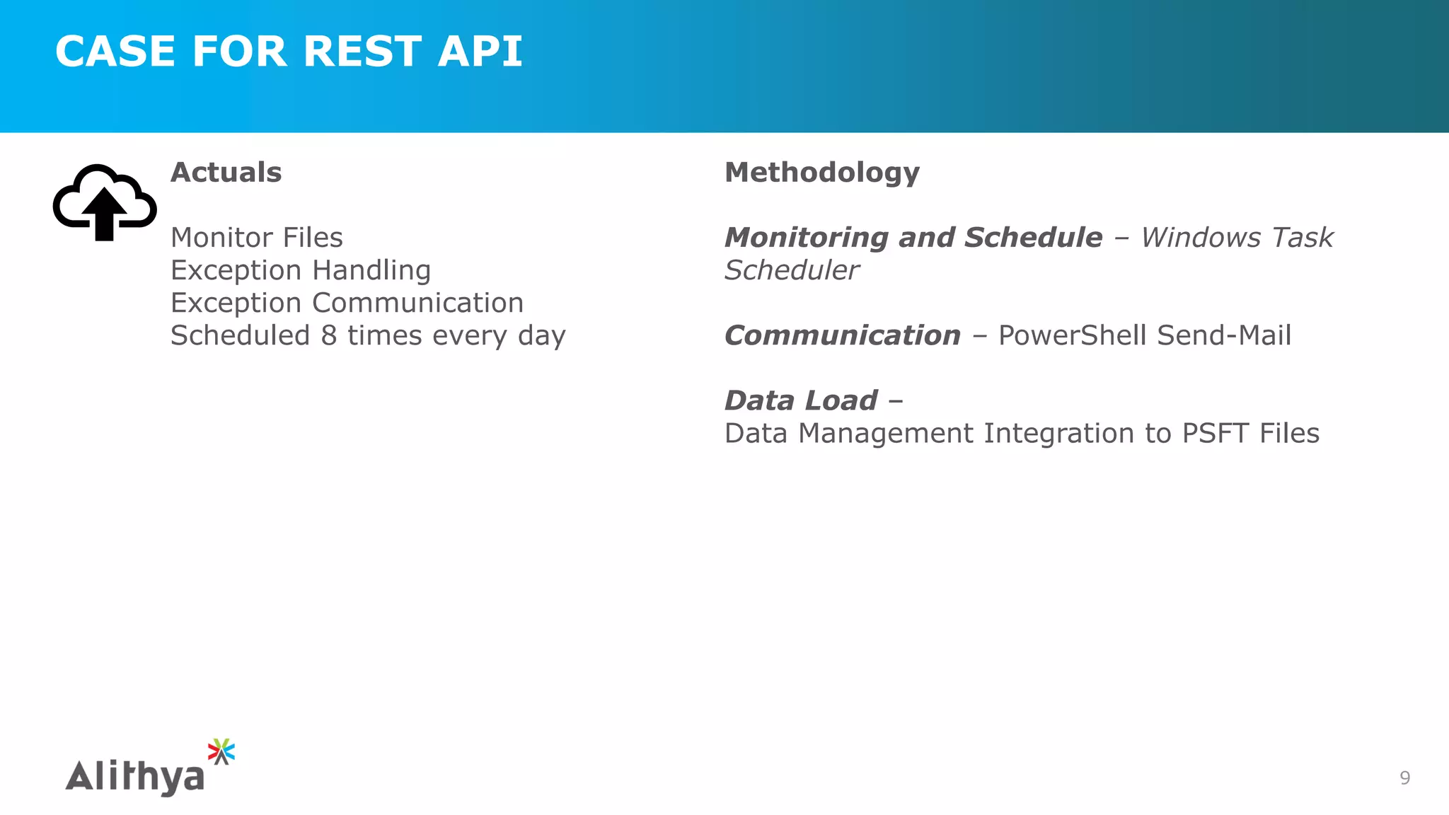CASE FOR REST API
9
Actuals
Monitor Files
Exception Handling
Exception Communication
Scheduled 8 times every day
Methodology
Monitoring and Schedule – Windows Task
Scheduler
Communication – PowerShell Send-Mail
Data Load –
Data Management Integration to PSFT Files
 