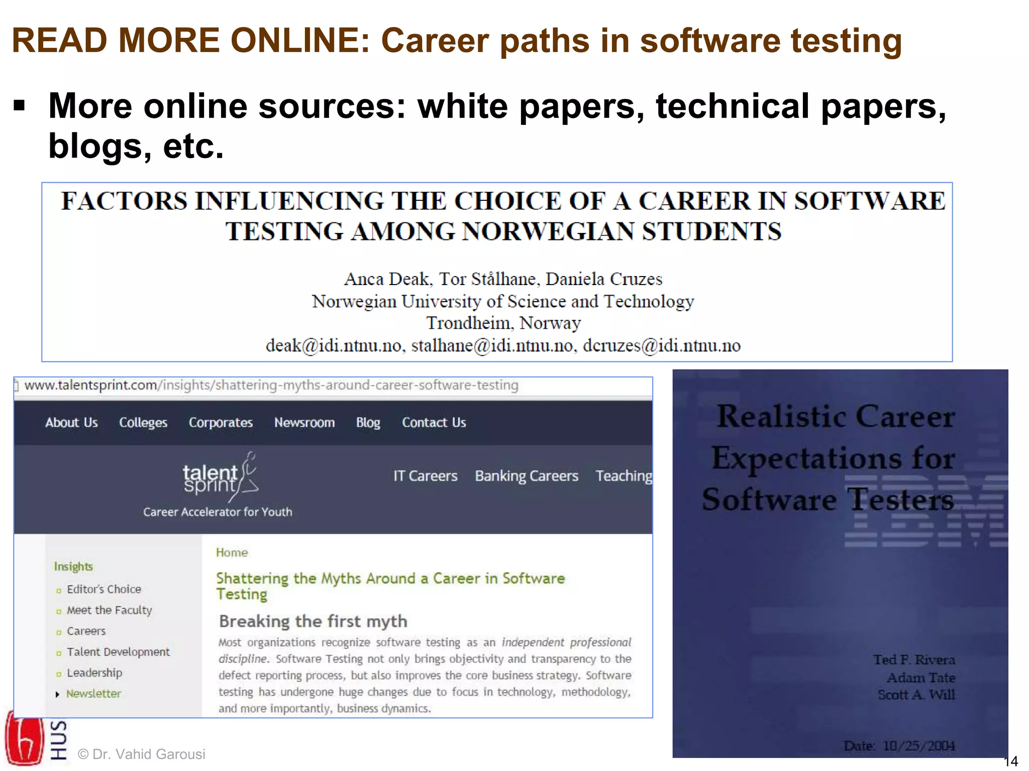 Career paths, training and learning resources in software test ...