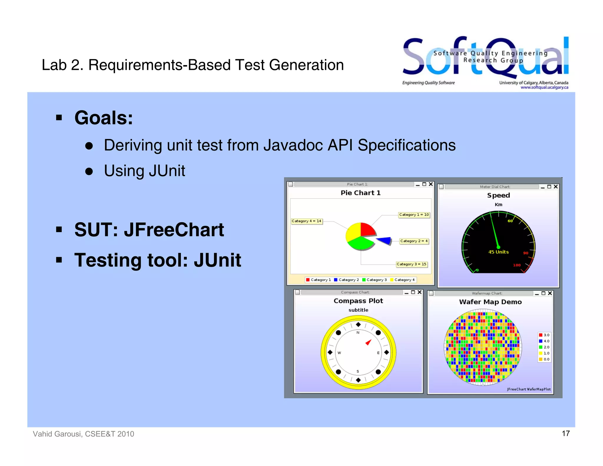 Vahid Garousi, CSEE&T 2010 17
Lab 2. Requirements-Based Test Generation
Goals:
Deriving unit test from Javadoc API Specifications
Using JUnit
SUT: JFreeChart
Testing tool: JUnit
 