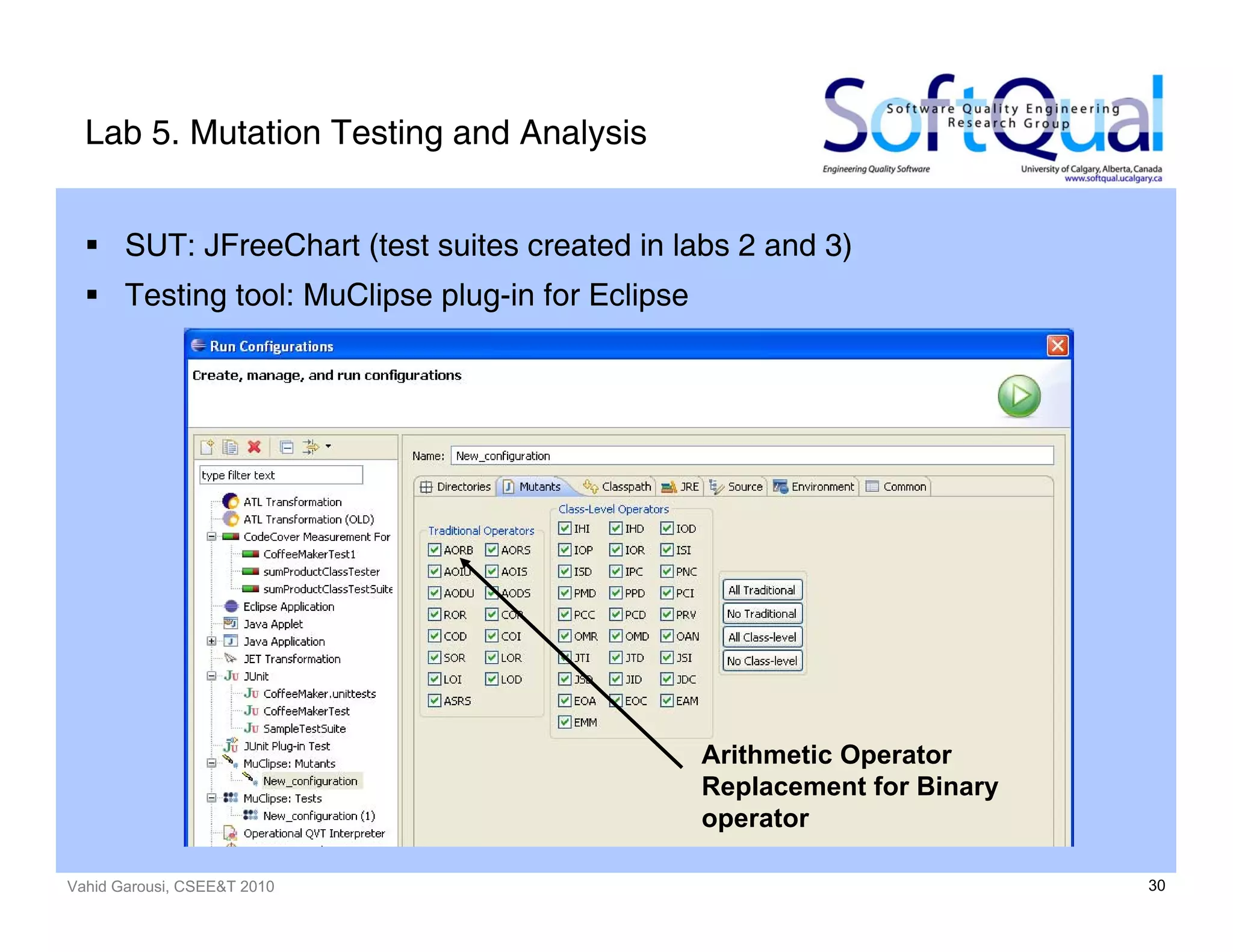 Vahid Garousi, CSEE&T 2010 30
Lab 5. Mutation Testing and Analysis
SUT: JFreeChart (test suites created in labs 2 and 3)
Testing tool: MuClipse plug-in for Eclipse
Arithmetic Operator
Replacement for Binary
operator
 