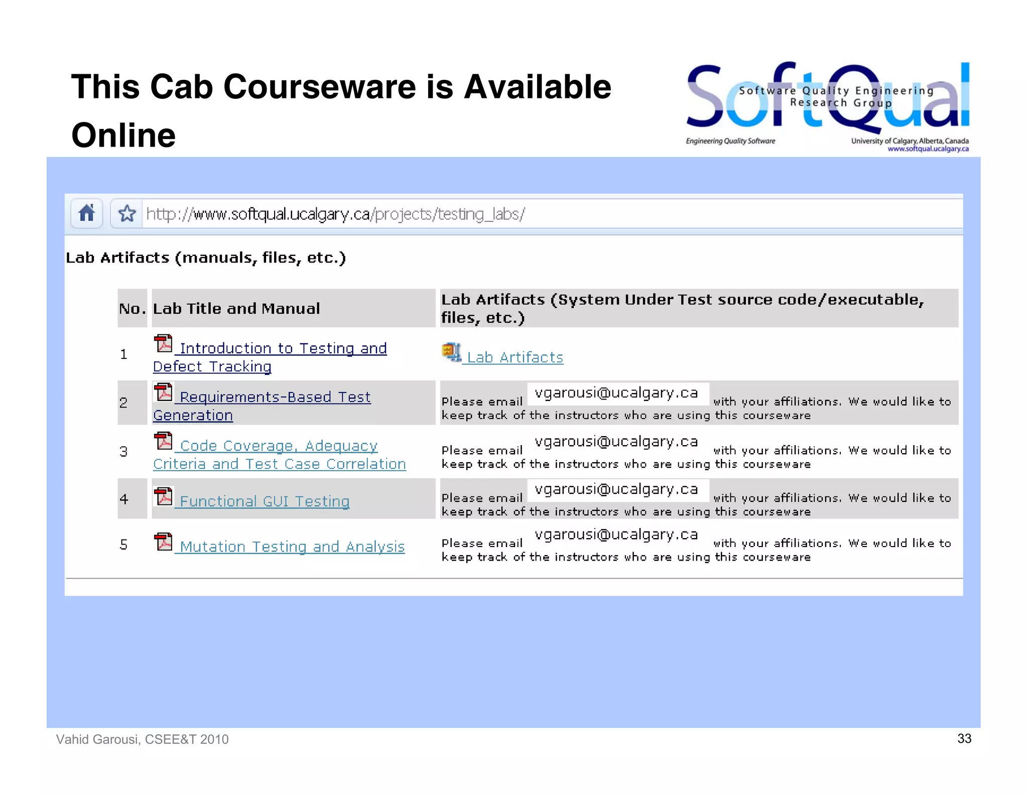 Vahid Garousi, CSEE&T 2010 33
This Cab Courseware is Available
Online
 