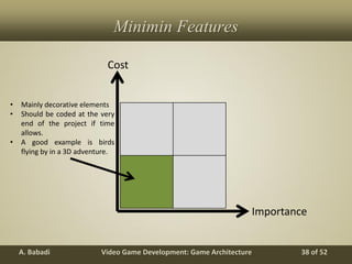 Video Game Development: Game ArchitectureA. Babadi 38 of 52
Minimin Features
Cost
Importance
• Mainly decorative elements
• Should be coded at the very
end of the project if time
allows.
• A good example is birds
flying by in a 3D adventure.
 