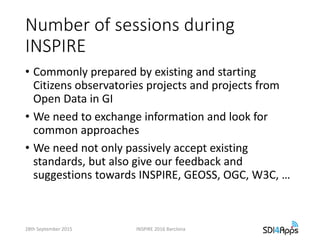 Number of sessions during
INSPIRE
• Commonly prepared by existing and starting
Citizens observatories projects and projects from
Open Data in GI
• We need to exchange information and look for
common approaches
• We need not only passively accept existing
standards, but also give our feedback and
suggestions towards INSPIRE, GEOSS, OGC, W3C, …
28th September 2015 INSPIRE 2016 Barclona
 