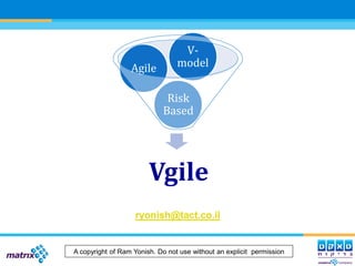 V-
                  Agile          model

                             Risk
                            Based




                        Vgile
                   ryonish@tact.co.il


A copyright of Ram Yonish. Do not use without an explicit permission
 