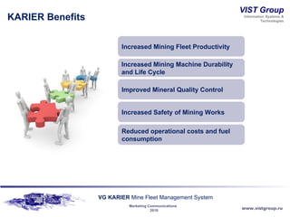 KARIER Benefits Increased Mining Fleet Productivity   Reduced operational costs and fuel consumption Increased Mining Machine Durability and Life Cycle Increased Safety of Mining Works Improved Mineral Quality Control 