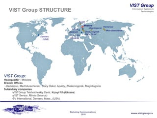 VIST Group STRUCTURE VIST Group: Headquarter  - Moscow Branch Offices - Kemerovo, Mezhdurechensk,  Stary Oskol, Apatity, Zheleznogorsk, Magnitogorsk  Subsidiary companies VISTGroup Tekhnicheskiy Centr,  Kryvyi Rih (Ukraine ) VIST Sensor, Minsk (Belarus) BV International, Danvers, Mass., (USA) Kemerovo Mezhdurechensk Kryvyi Rih (Ukraine) Minsk (Belarus) Moscow   Apatiti Zheleznogorsk Stary Oskol Magnitogorsk Danvers (USA) 
